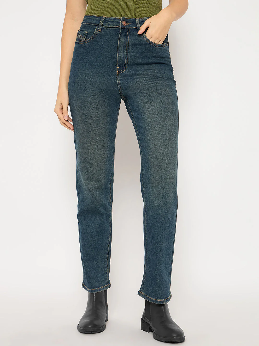 Madame Cotton Blend Stone Wash Straight Fit Tinted Blue Denim Jeans - Image 3