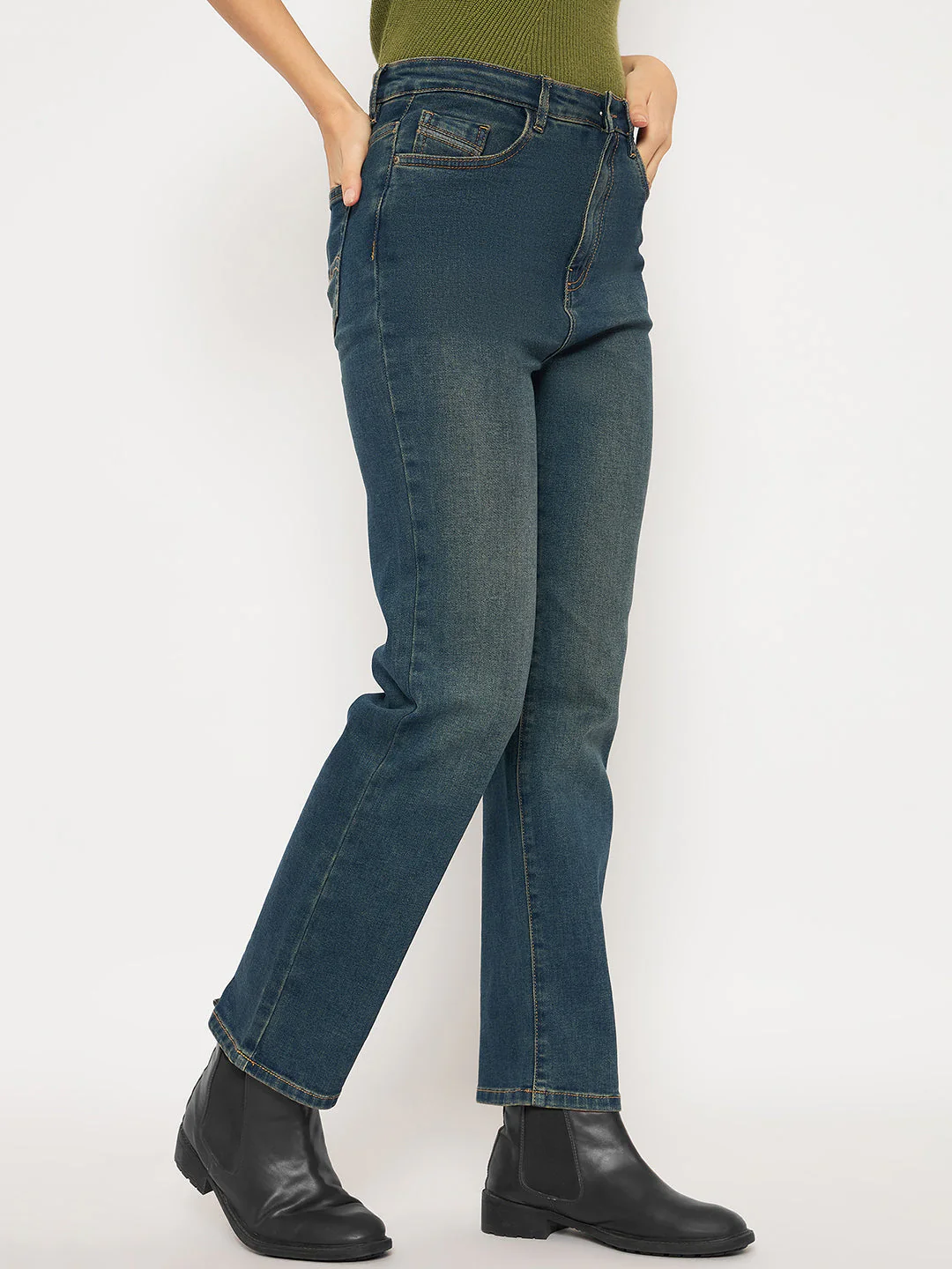 Madame Cotton Blend Stone Wash Straight Fit Tinted Blue Denim Jeans - Image 4