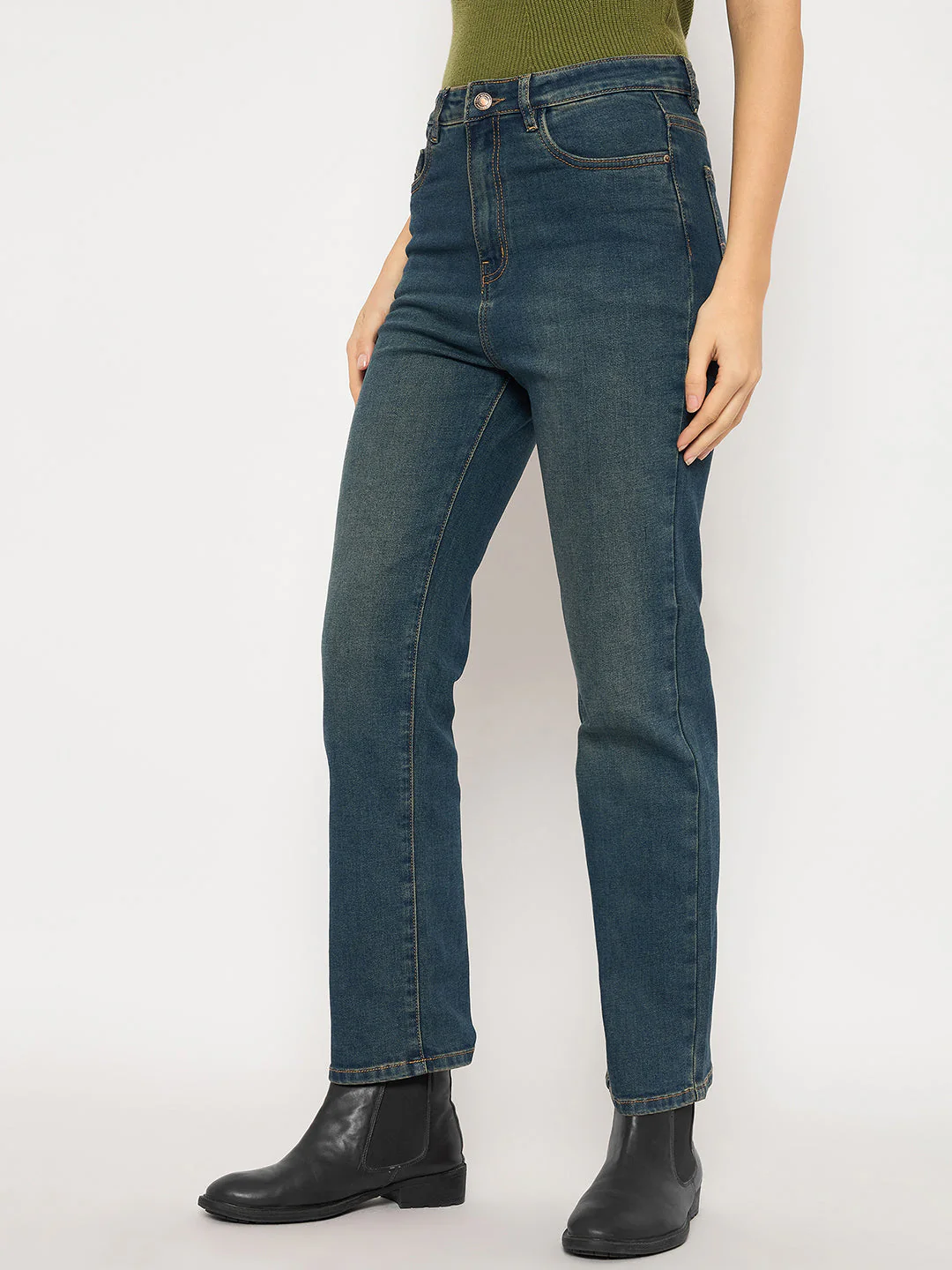 Madame Cotton Blend Stone Wash Straight Fit Tinted Blue Denim Jeans - Image 5