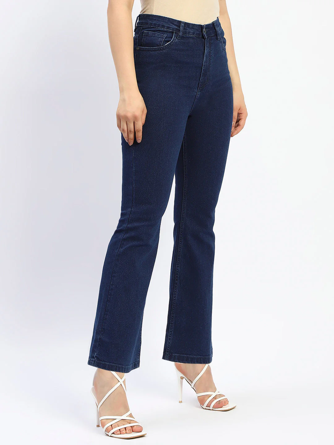 Madame Flared Solid Blue Cotton Blend Denim - Image 3