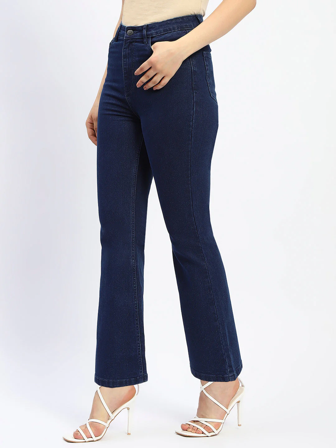 Madame Flared Solid Blue Cotton Blend Denim - Image 4
