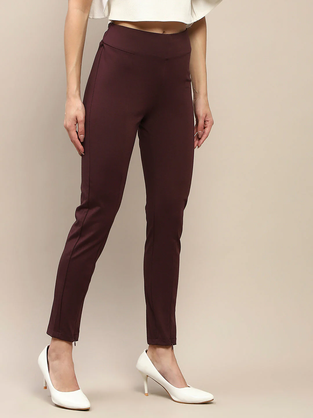 Madame Pleated Solid Wine Red Rayon Blend Jeggings - Image 3