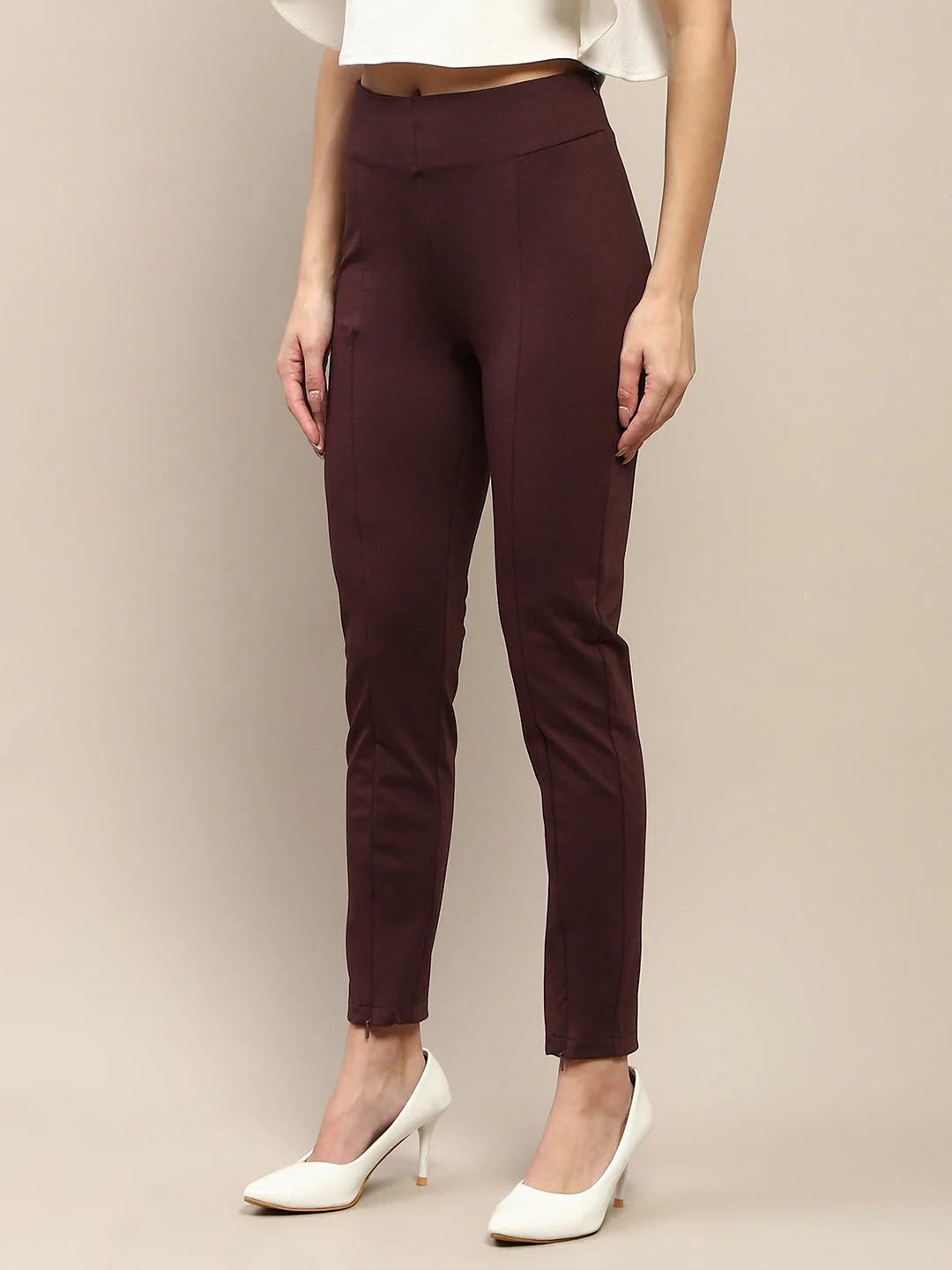 Madame Pleated Solid Wine Red Rayon Blend Jeggings - Image 4