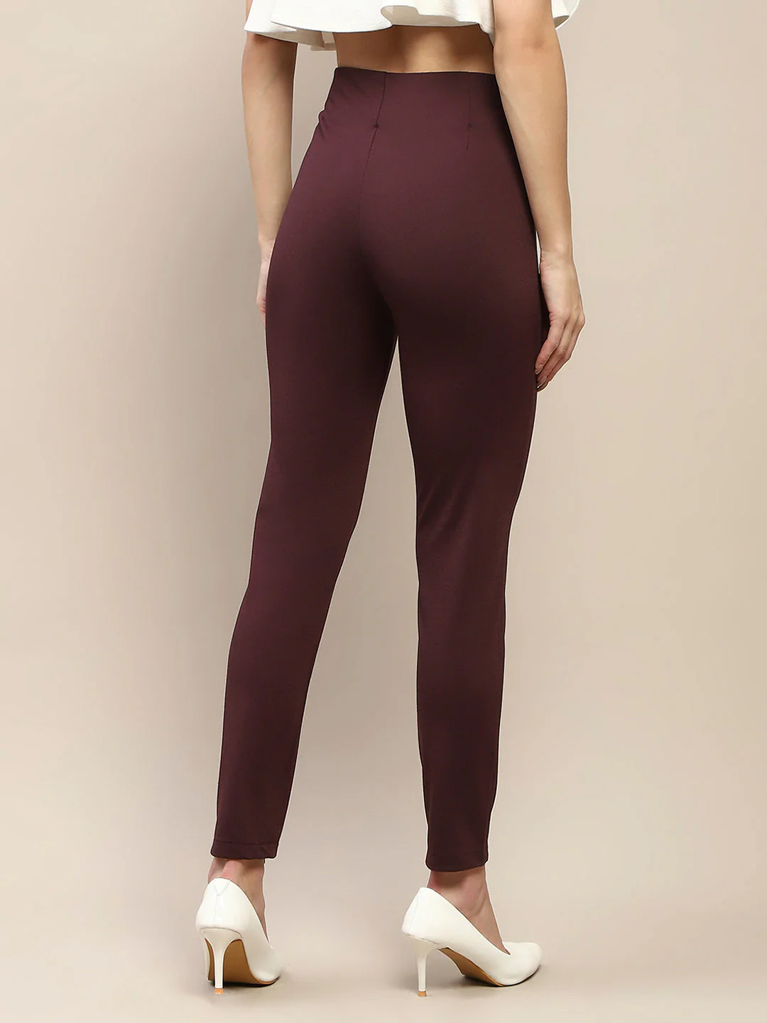 Madame Pleated Solid Wine Red Rayon Blend Jeggings - Image 5