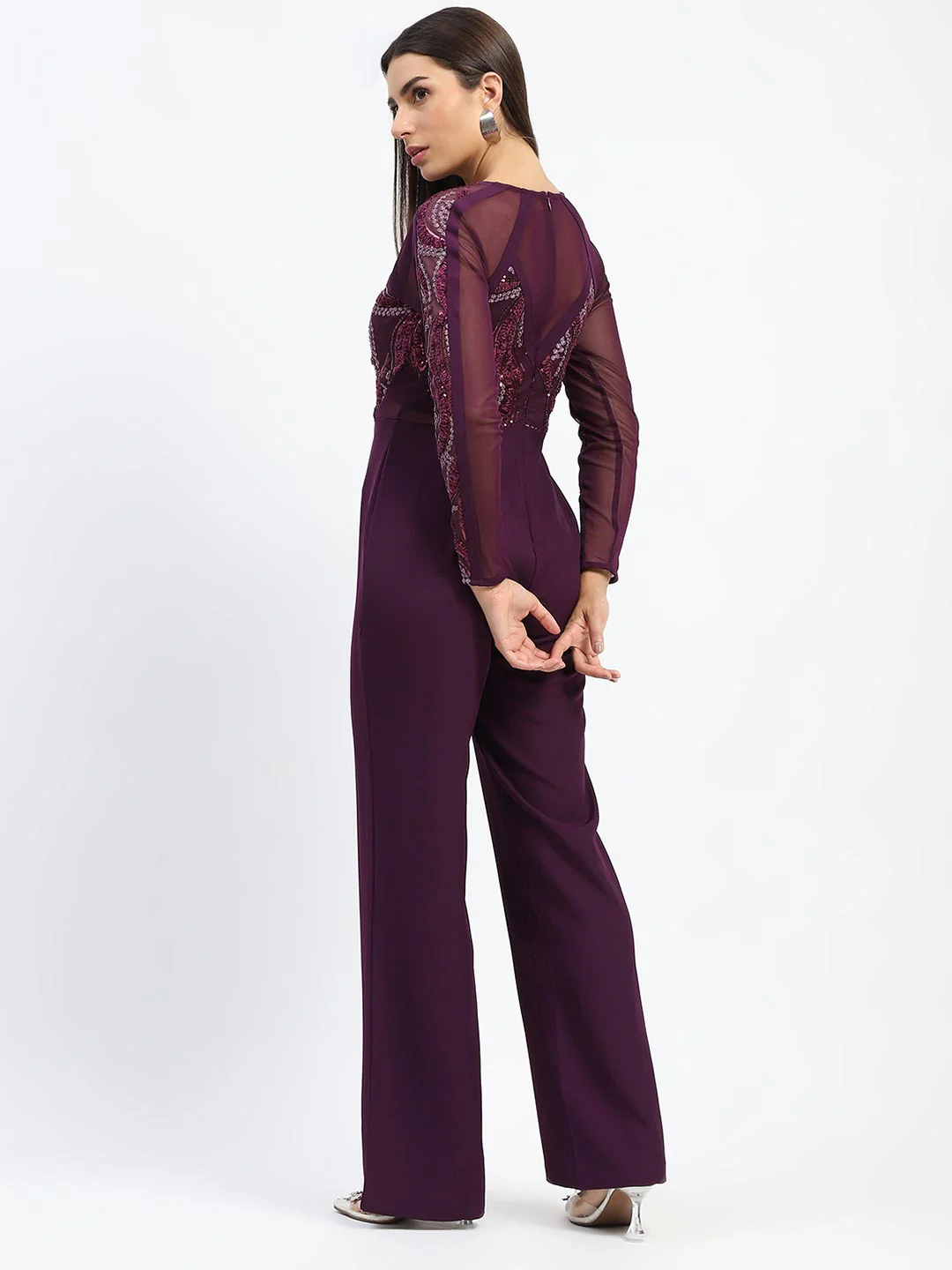 Madame Plum Embellished Mesh Wine Jumpsuit with Long Sleeves - Image 6