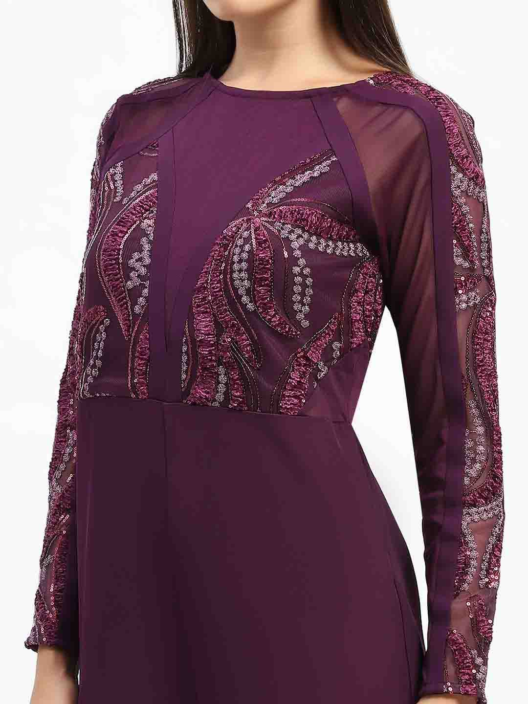 Madame Plum Embellished Mesh Wine Jumpsuit with Long Sleeves - Image 7