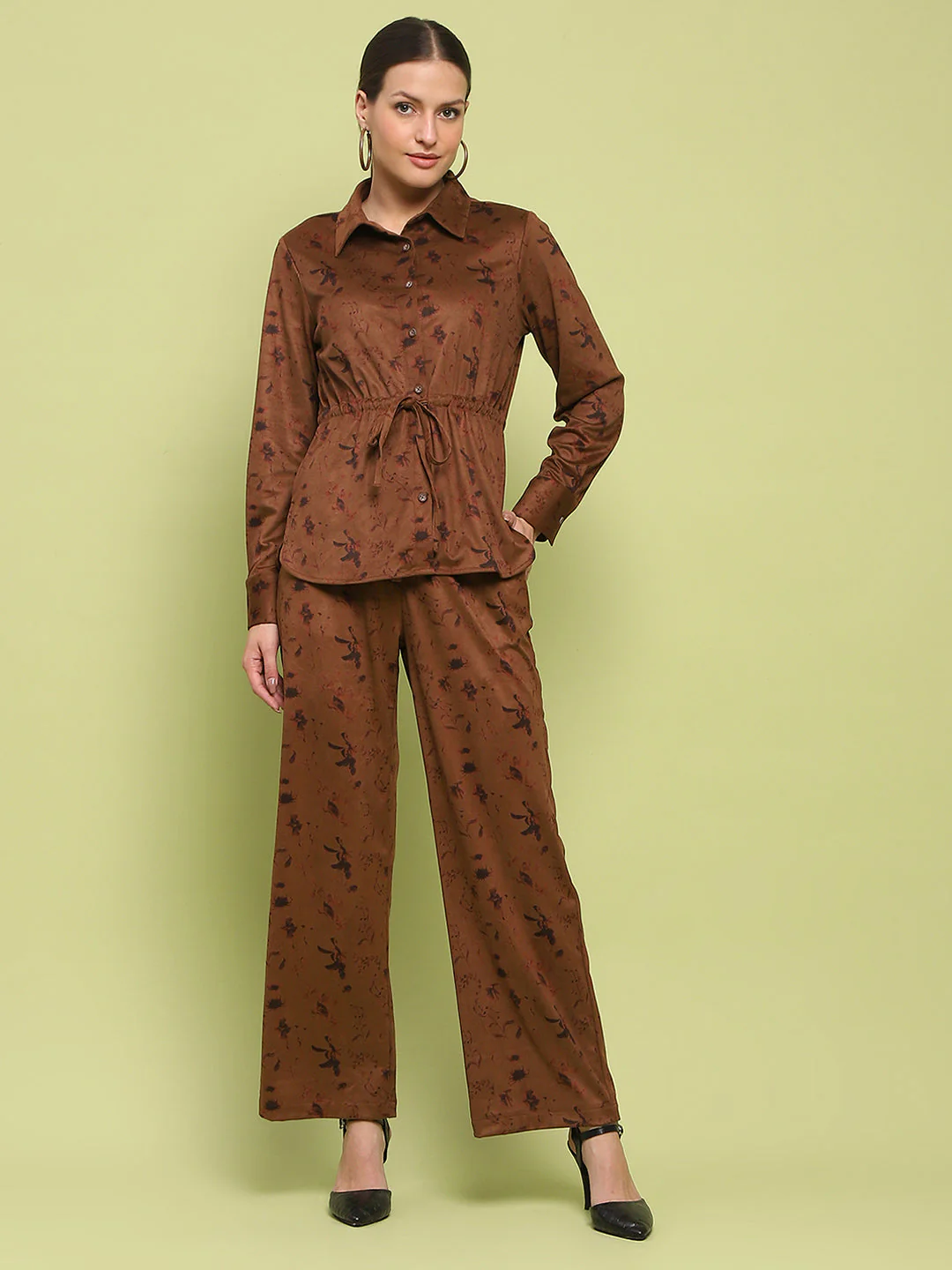 Madame Suede Belted Drawstring Top And Bottom Printed Brown Ensemble - Image 3