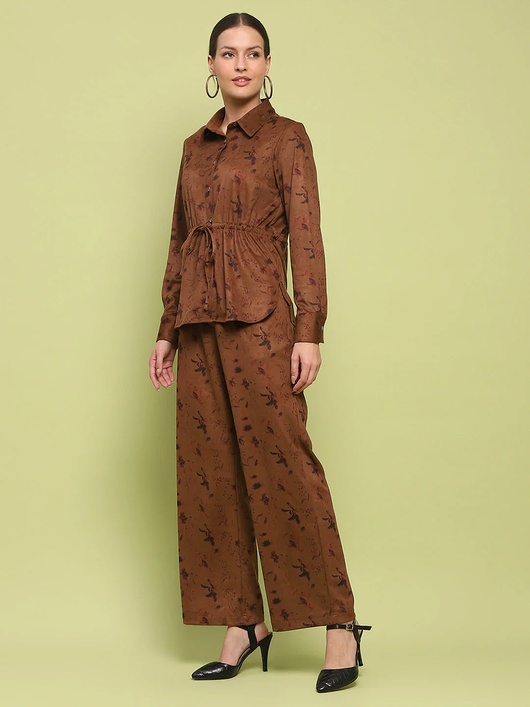 Madame Suede Belted Drawstring Top And Bottom Printed Brown Ensemble - Image 5