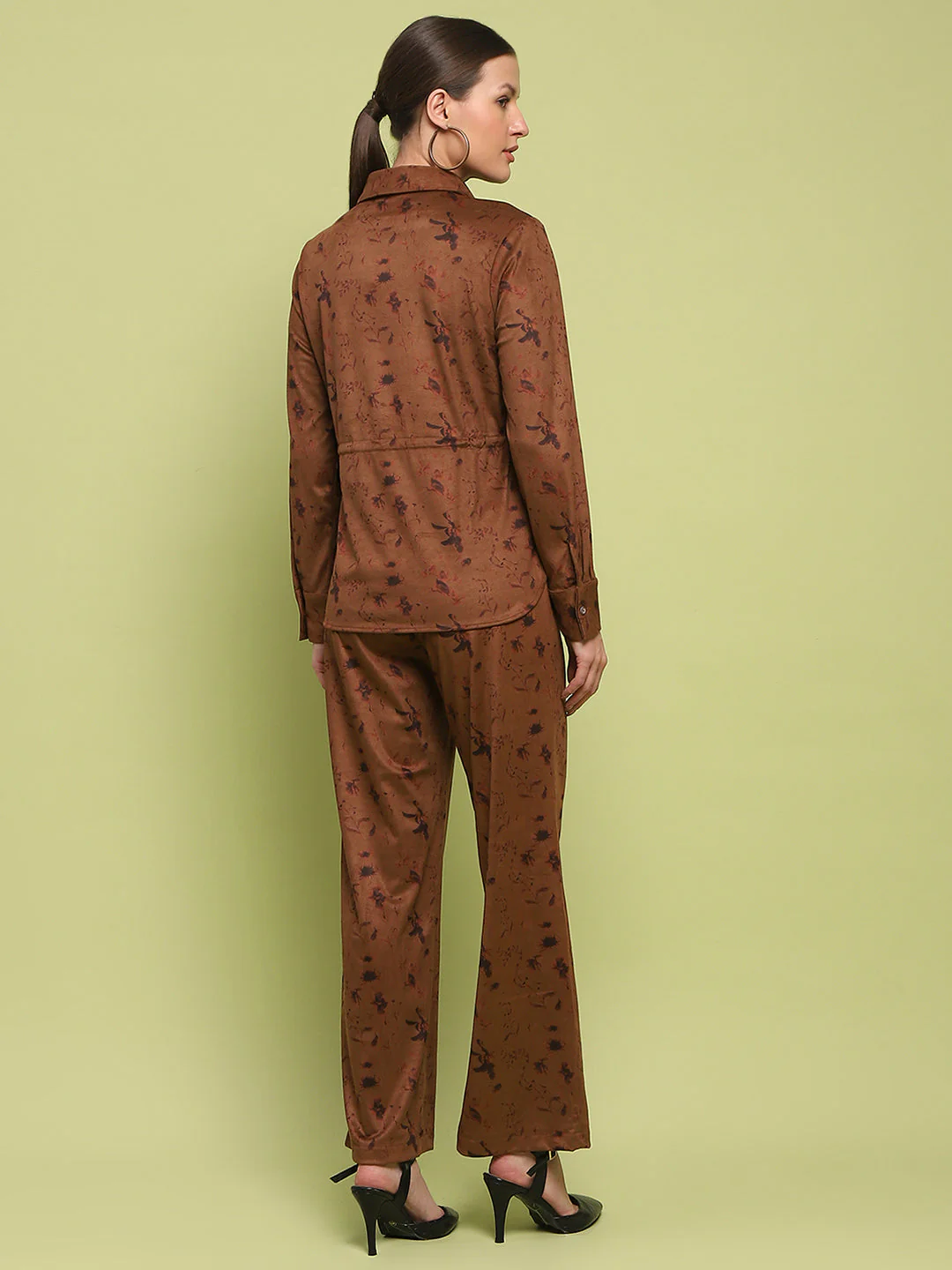 Madame Suede Belted Drawstring Top And Bottom Printed Brown Ensemble - Image 6