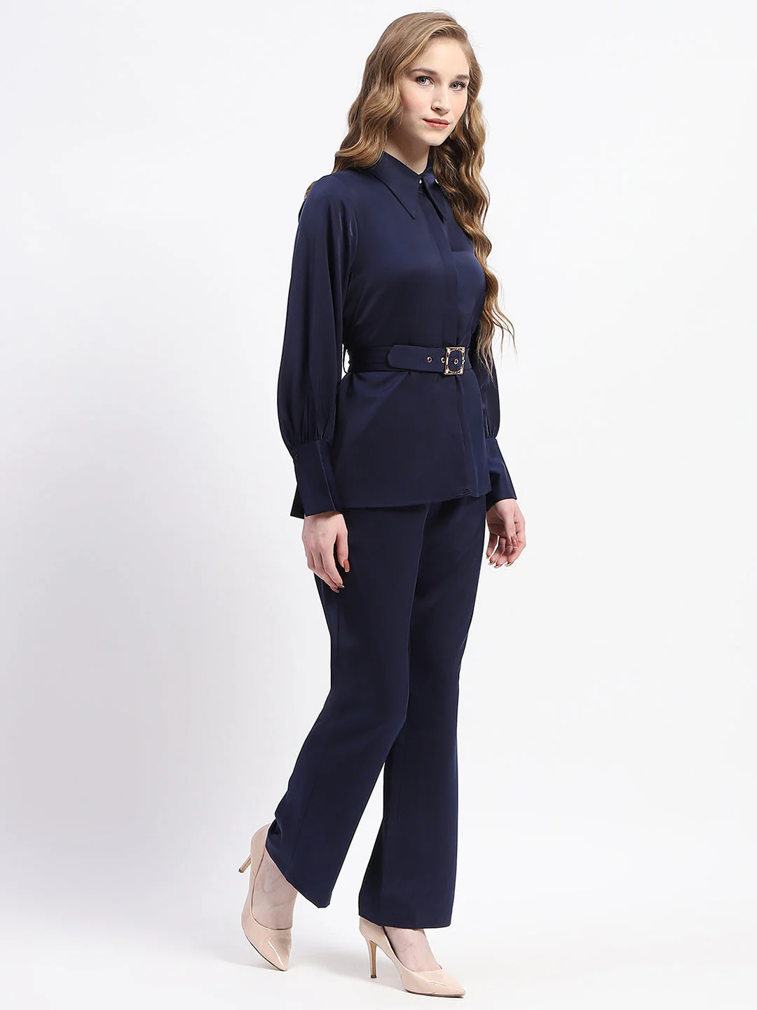 Madame Navy Belted Shirt and Wide-Leg Pants Co-ord Set - Image 3