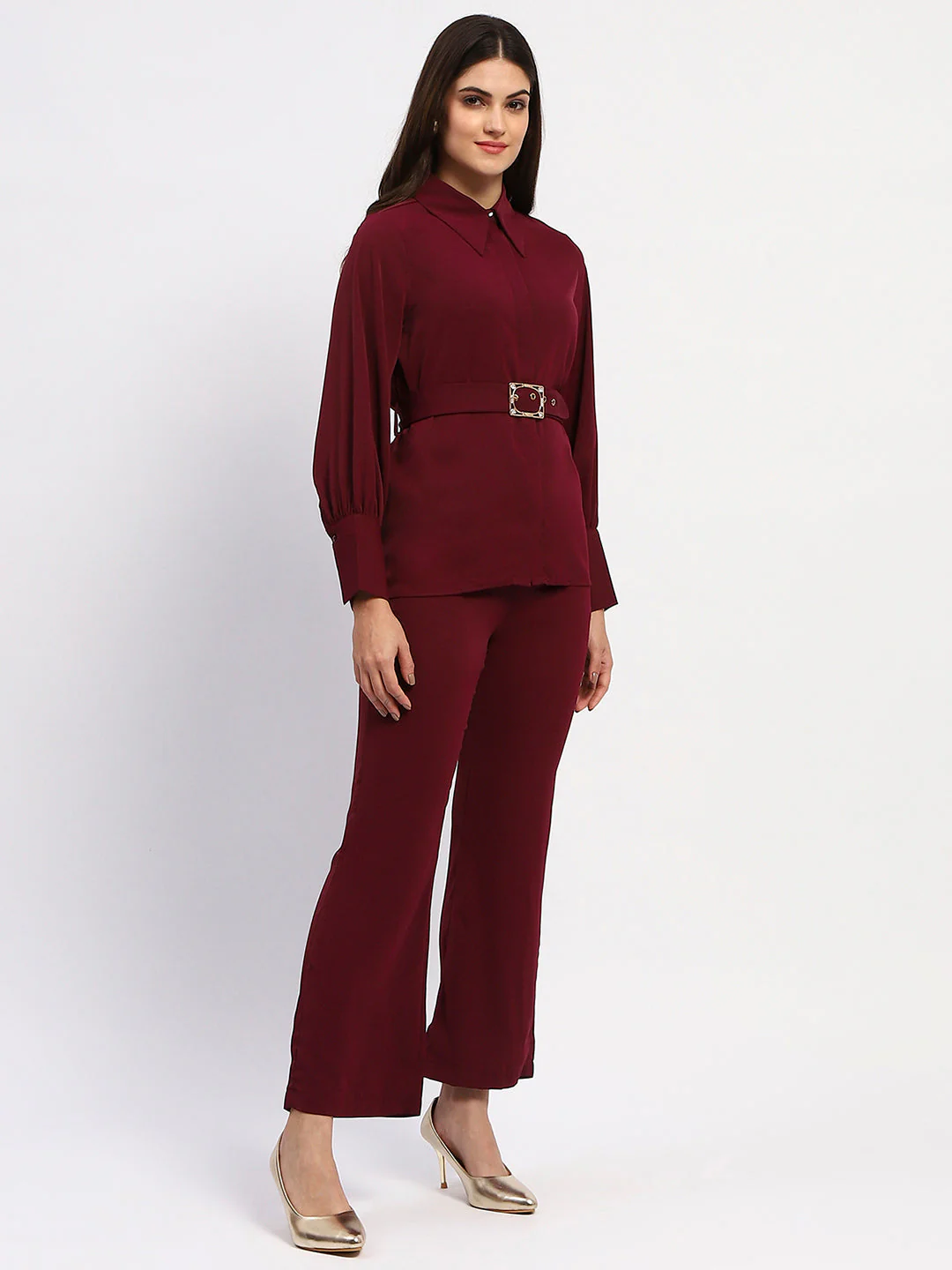 Madame Purple Belted Shirt and Wide-Leg Bottom Ensemble - Image 3