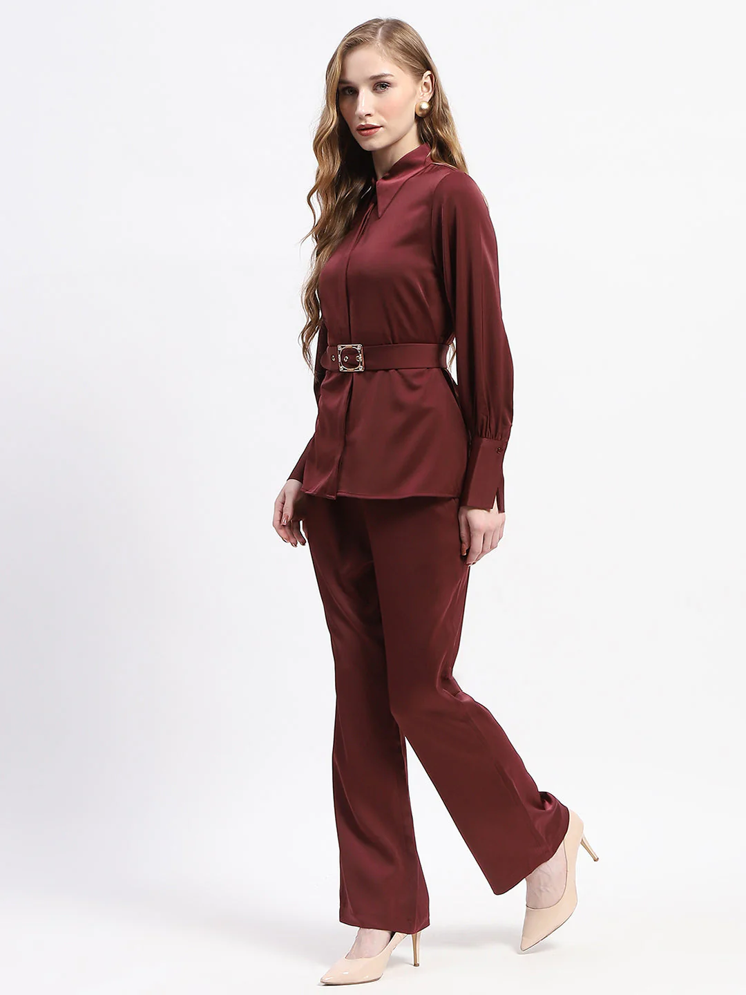 Madame Belted Shirt and Trousers WineCo-ord Set - Image 4