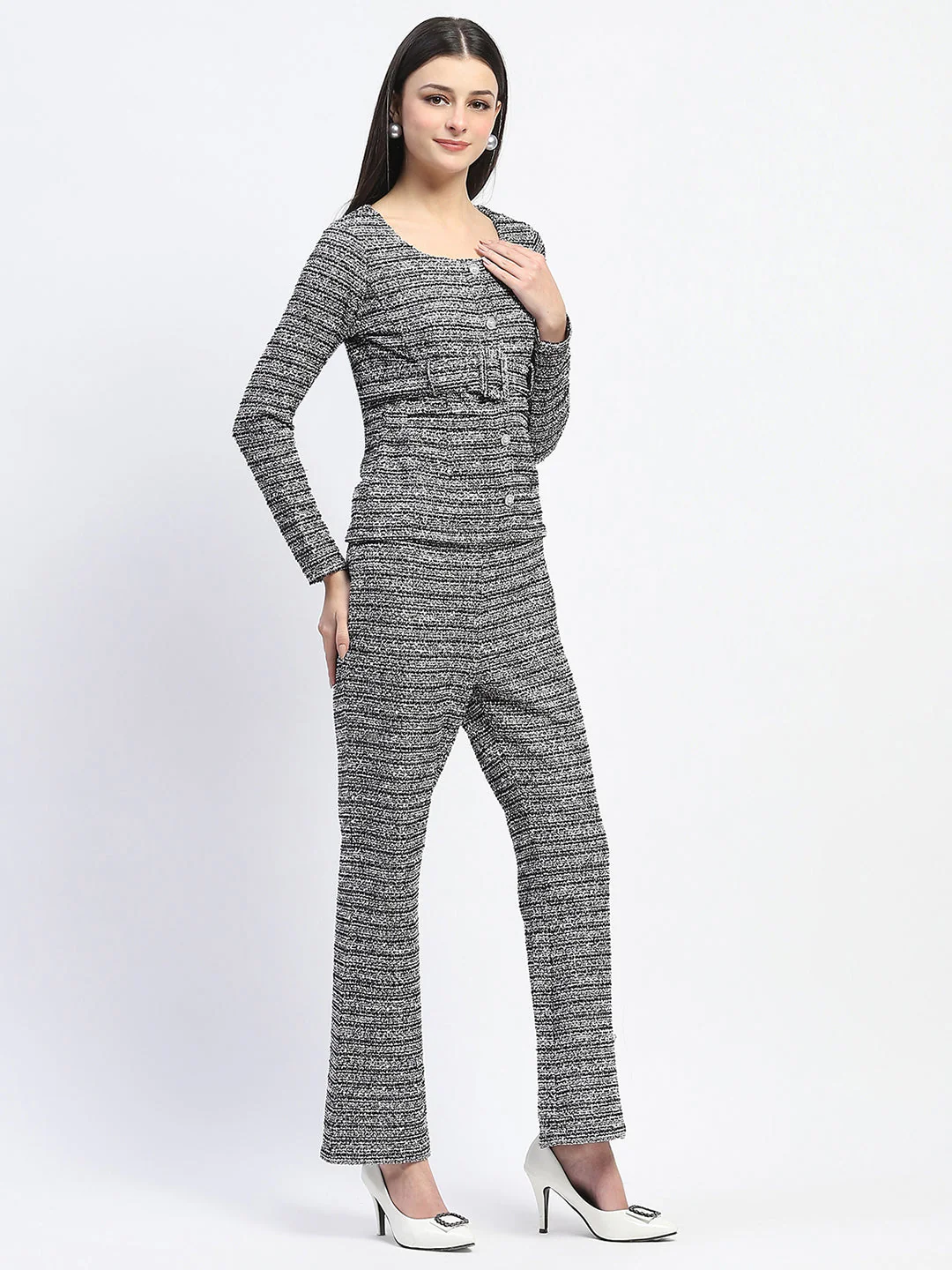 Madame Knitted Buttoned and Belted Top and Bottom Black Co-ord Set - Image 3