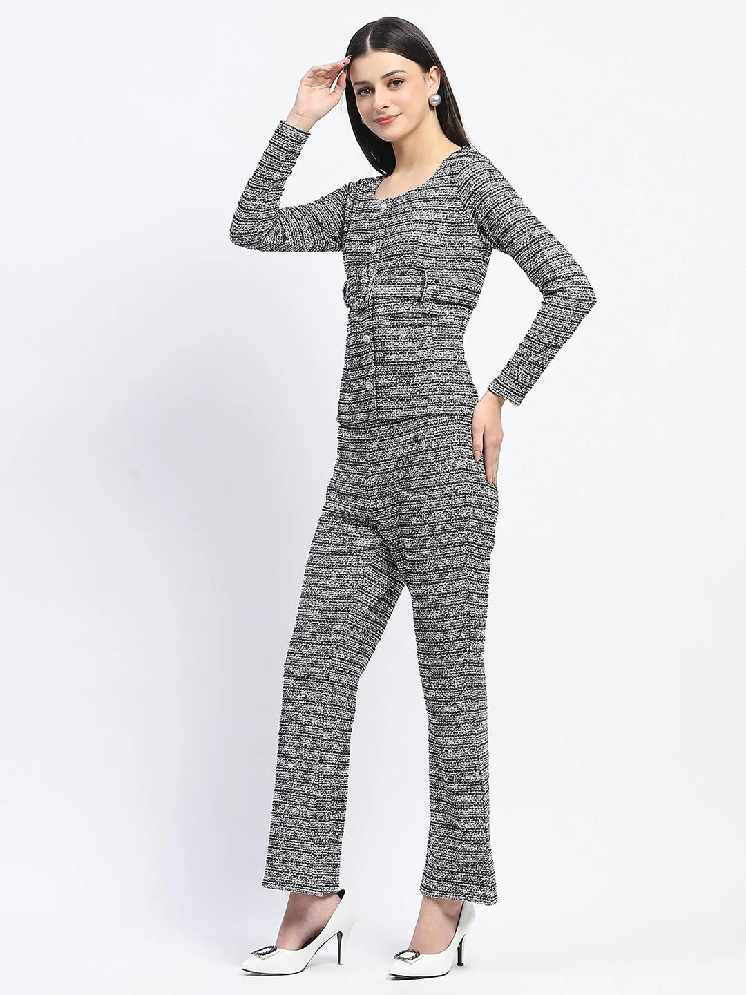 Madame Knitted Buttoned and Belted Top and Bottom Black Co-ord Set - Image 4