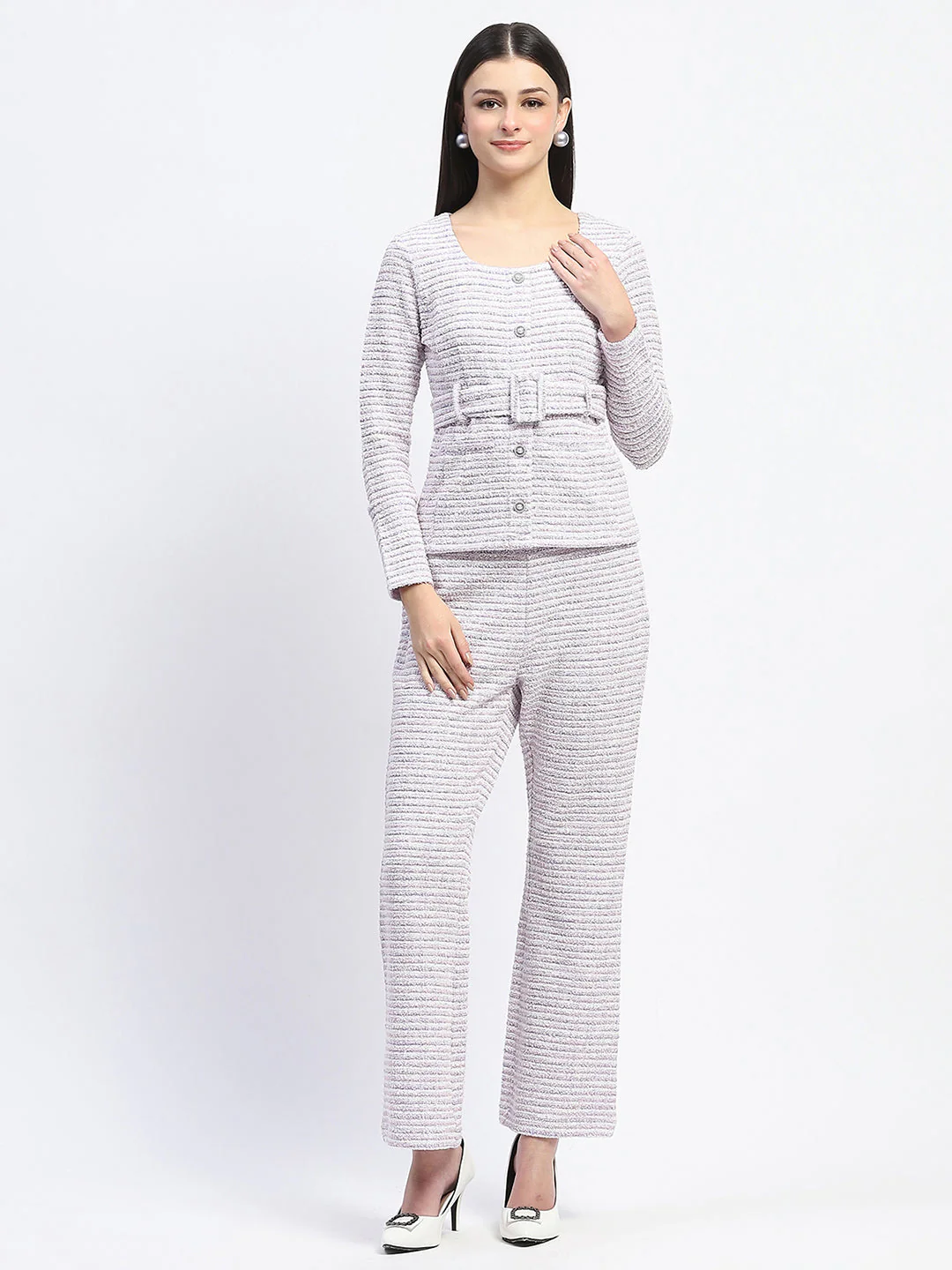 Madame Knitted Buttoned and Belted Top and Bottom Lavender Co-ord Set - Image 3