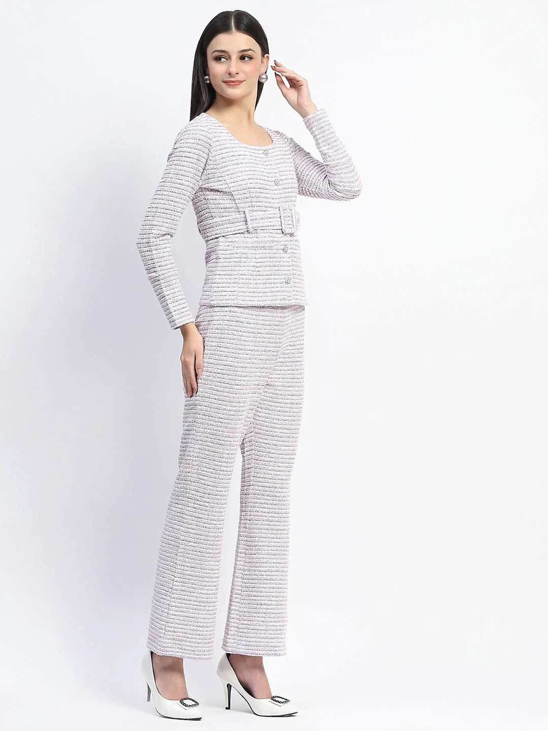 Madame Knitted Buttoned and Belted Top and Bottom Lavender Co-ord Set - Image 4