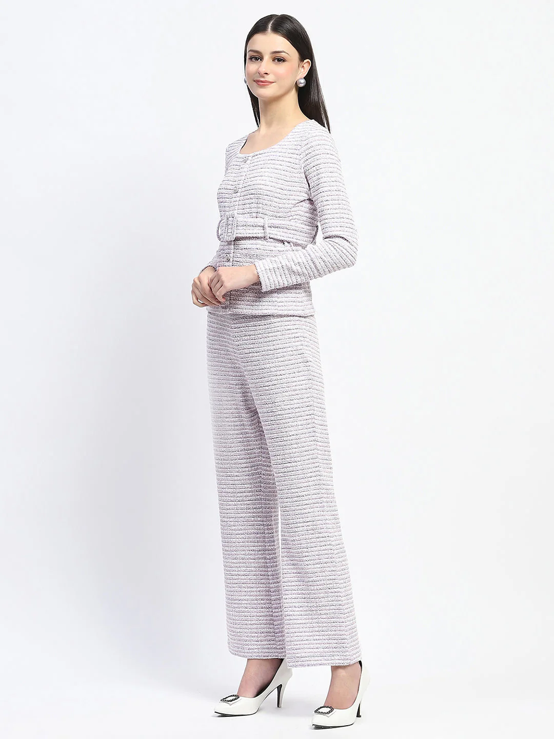 Madame Knitted Buttoned and Belted Top and Bottom Lavender Co-ord Set - Image 5