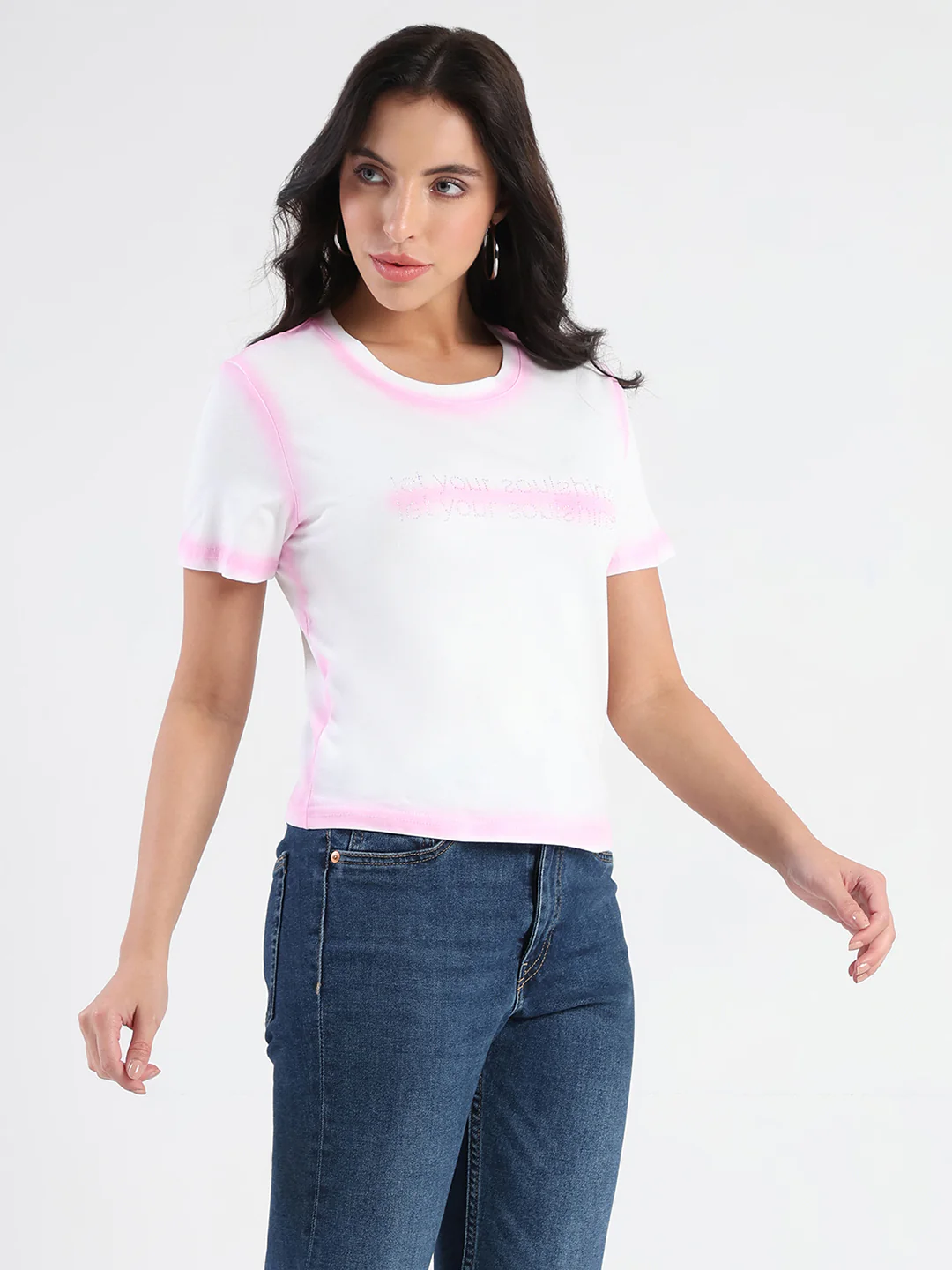Madame Spray Painted Embellished Pink Cotton Crop T-shirt - Image 3