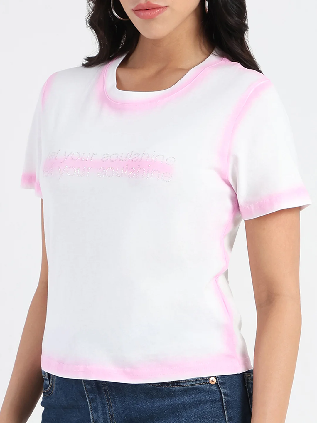 Madame Spray Painted Embellished Pink Cotton Crop T-shirt - Image 6