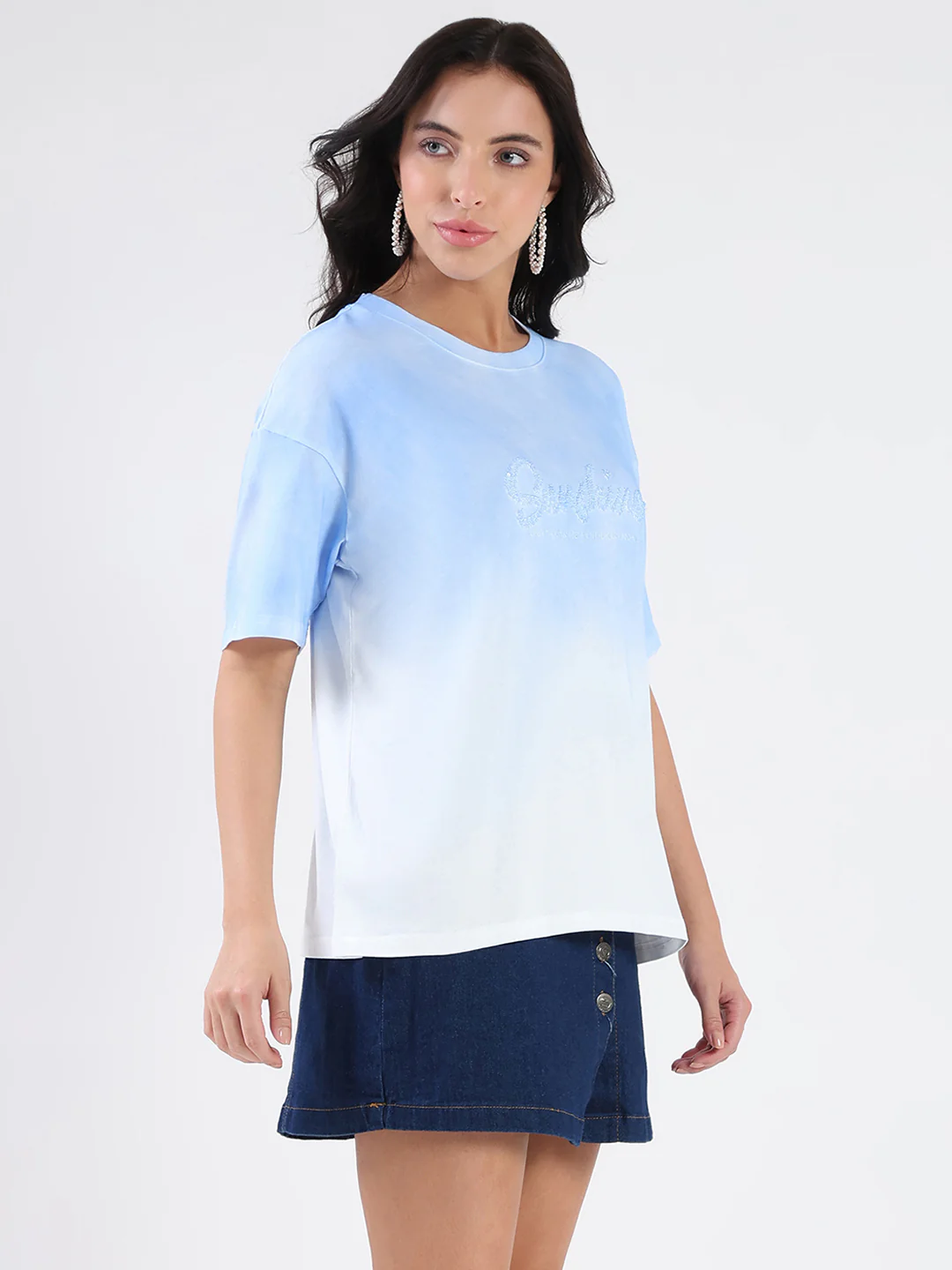 Madame Ombre Loose Fit Sky Blue Oversize Cotton T-shirt - Image 4