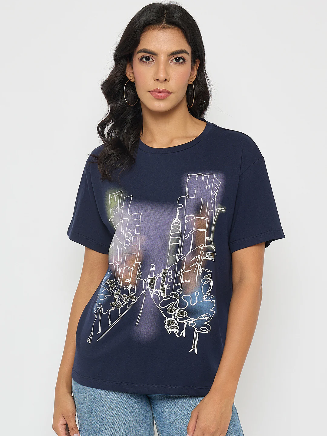 Madame Graphic Print Navy Blue Cotton T-shirt - Image 3