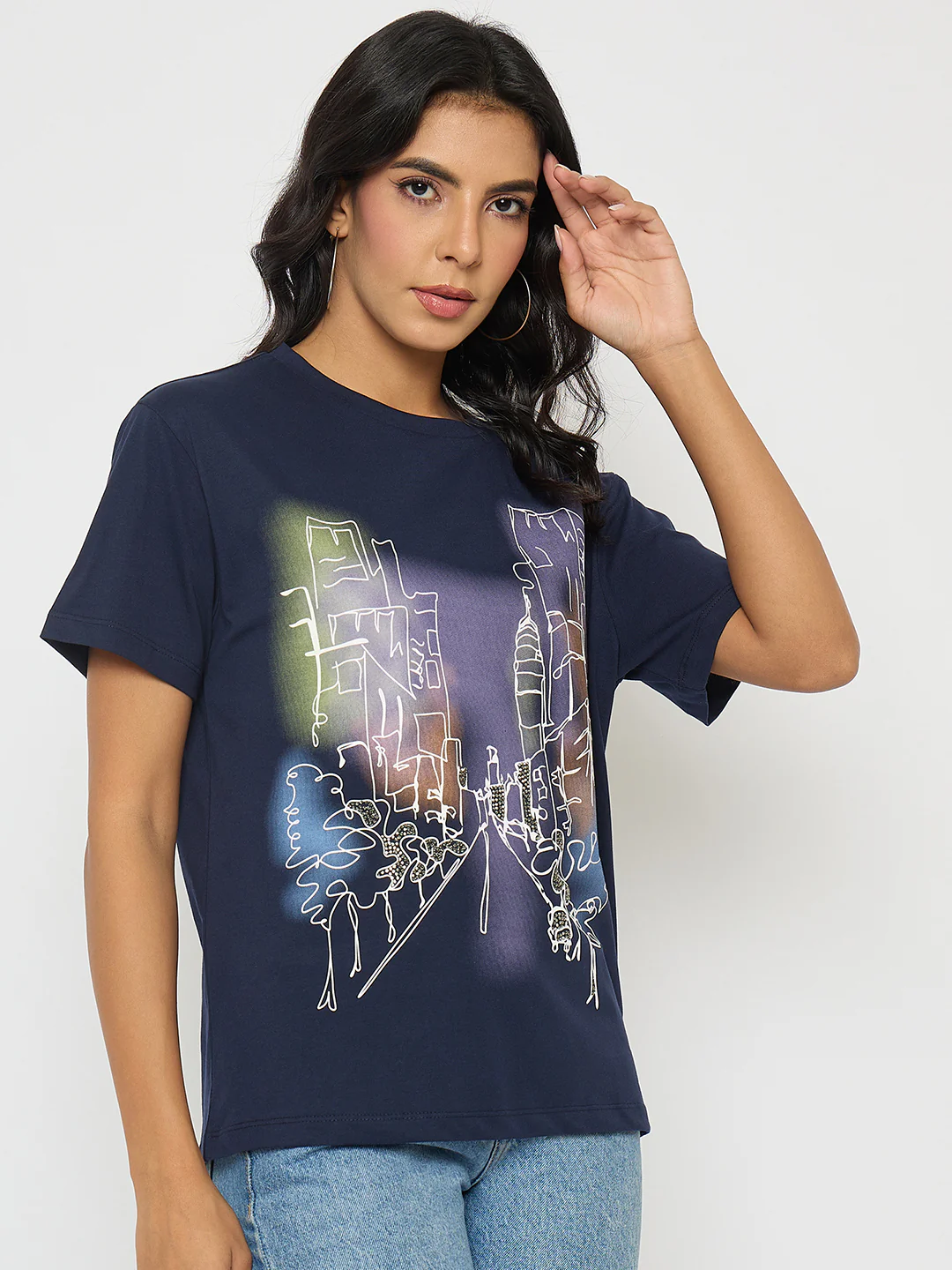 Madame Graphic Print Navy Blue Cotton T-shirt - Image 4