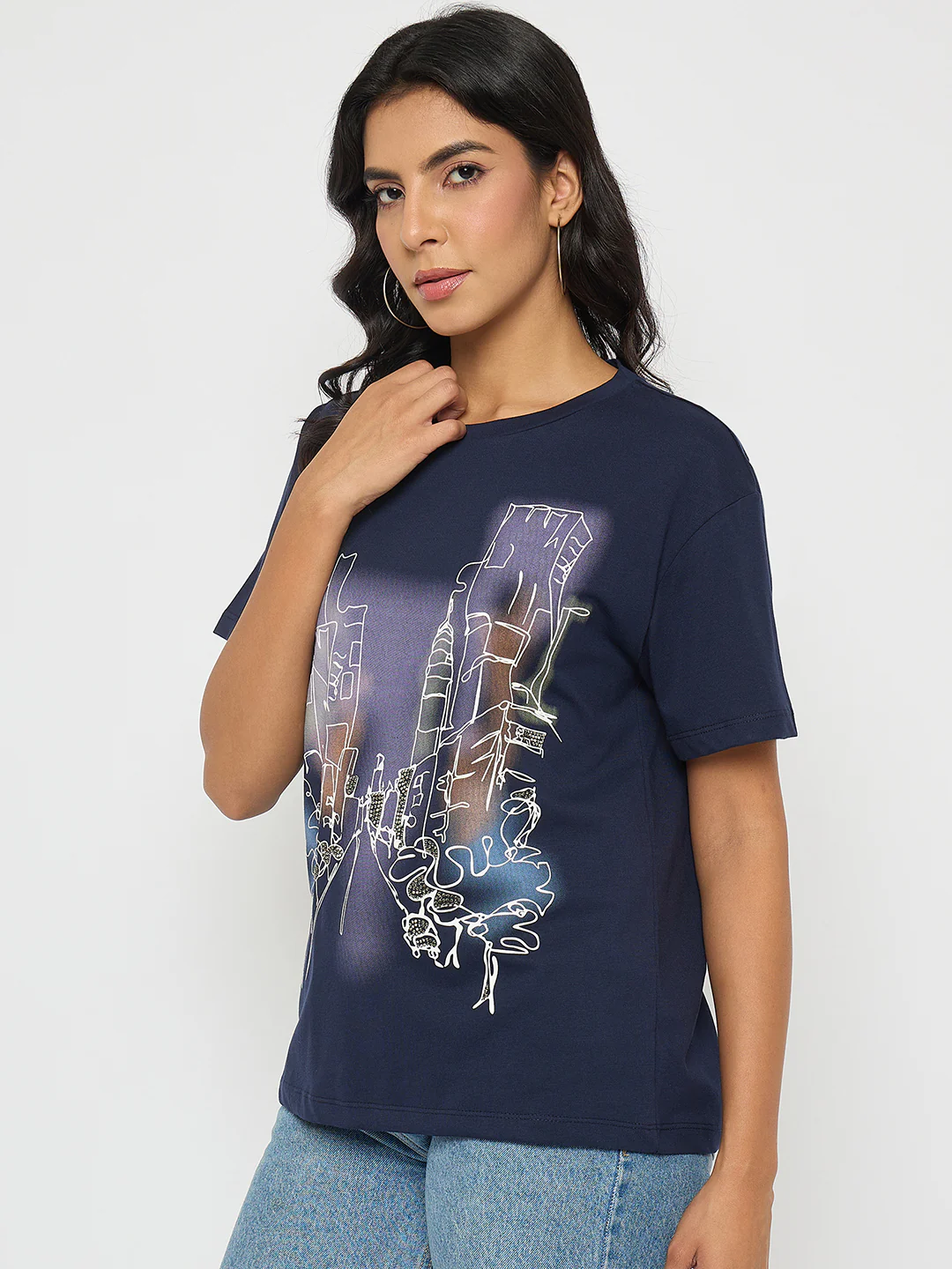 Madame Graphic Print Navy Blue Cotton T-shirt - Image 5