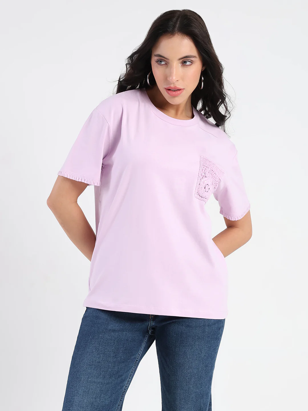 Madame Pocket Detailed Solid Mauve Cotton Blend T-shirt - Image 3