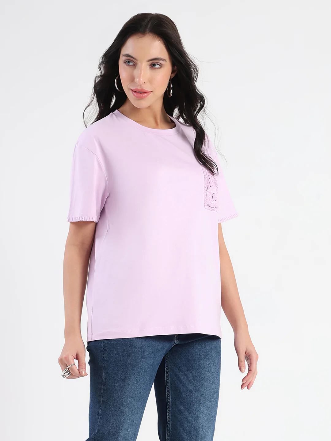 Madame Pocket Detailed Solid Mauve Cotton Blend T-shirt - Image 4