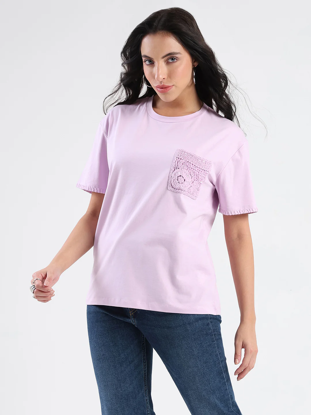 Madame Pocket Detailed Solid Mauve Cotton Blend T-shirt - Image 5