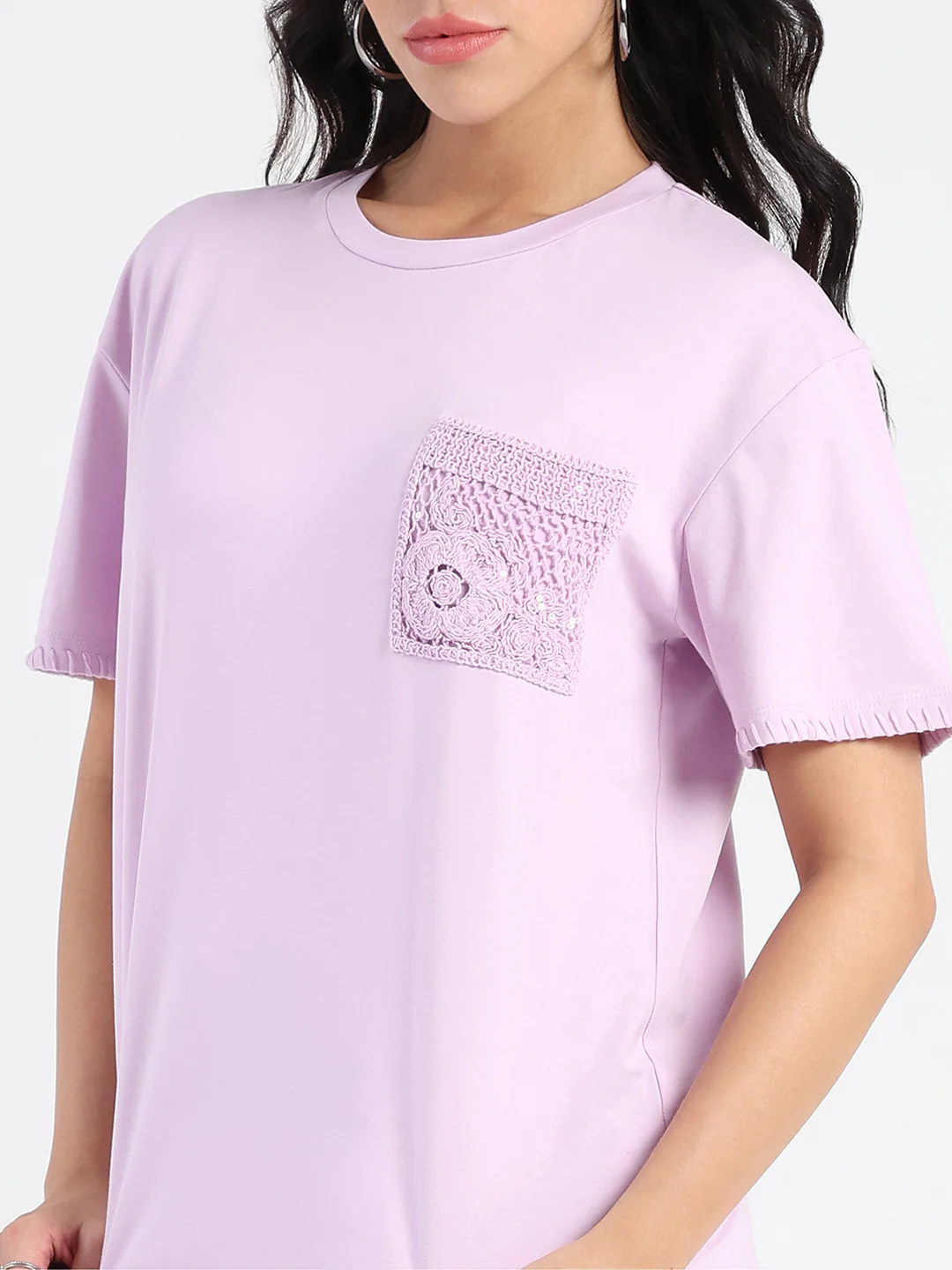 Madame Pocket Detailed Solid Mauve Cotton Blend T-shirt - Image 7