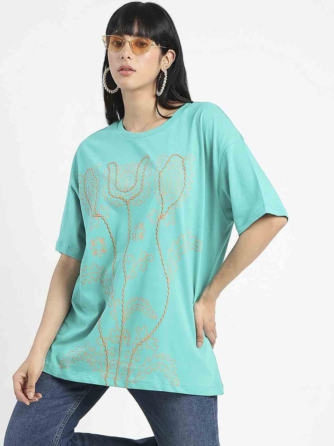Madame Graphic Print Half Sleeve Peacock Green Cotton T-Shirt - Image 6