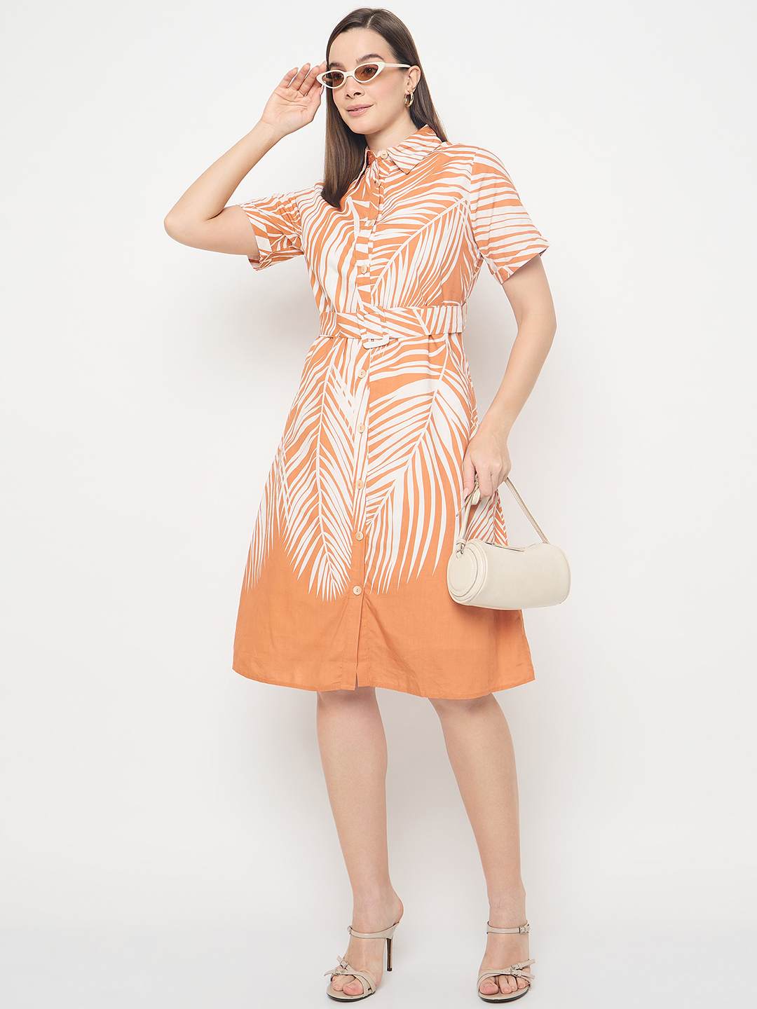 Madame Botanical Print Cotton Blend Orange Shirt Dress - Image 3