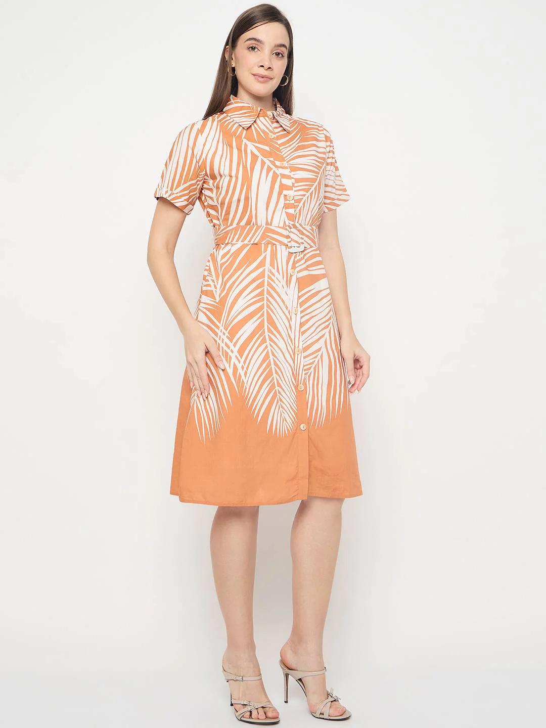 Madame Botanical Print Cotton Blend Orange Shirt Dress - Image 5