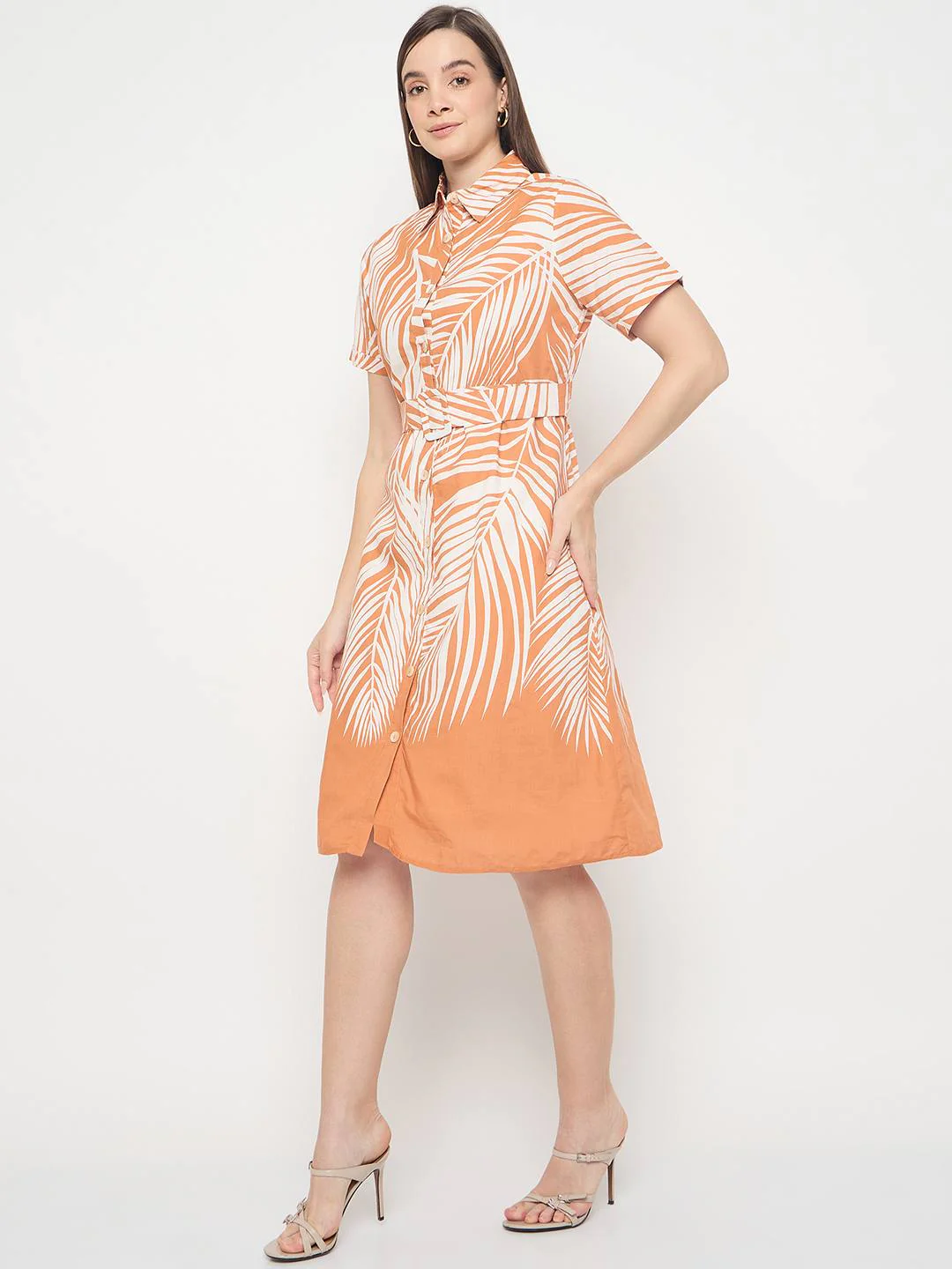 Madame Botanical Print Cotton Blend Orange Shirt Dress - Image 6