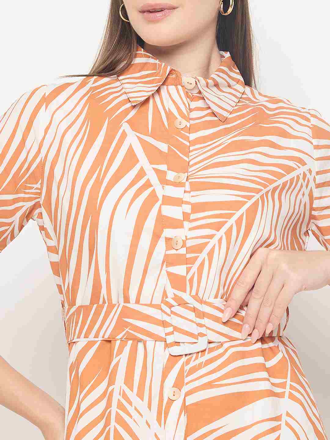 Madame Botanical Print Cotton Blend Orange Shirt Dress - Image 8