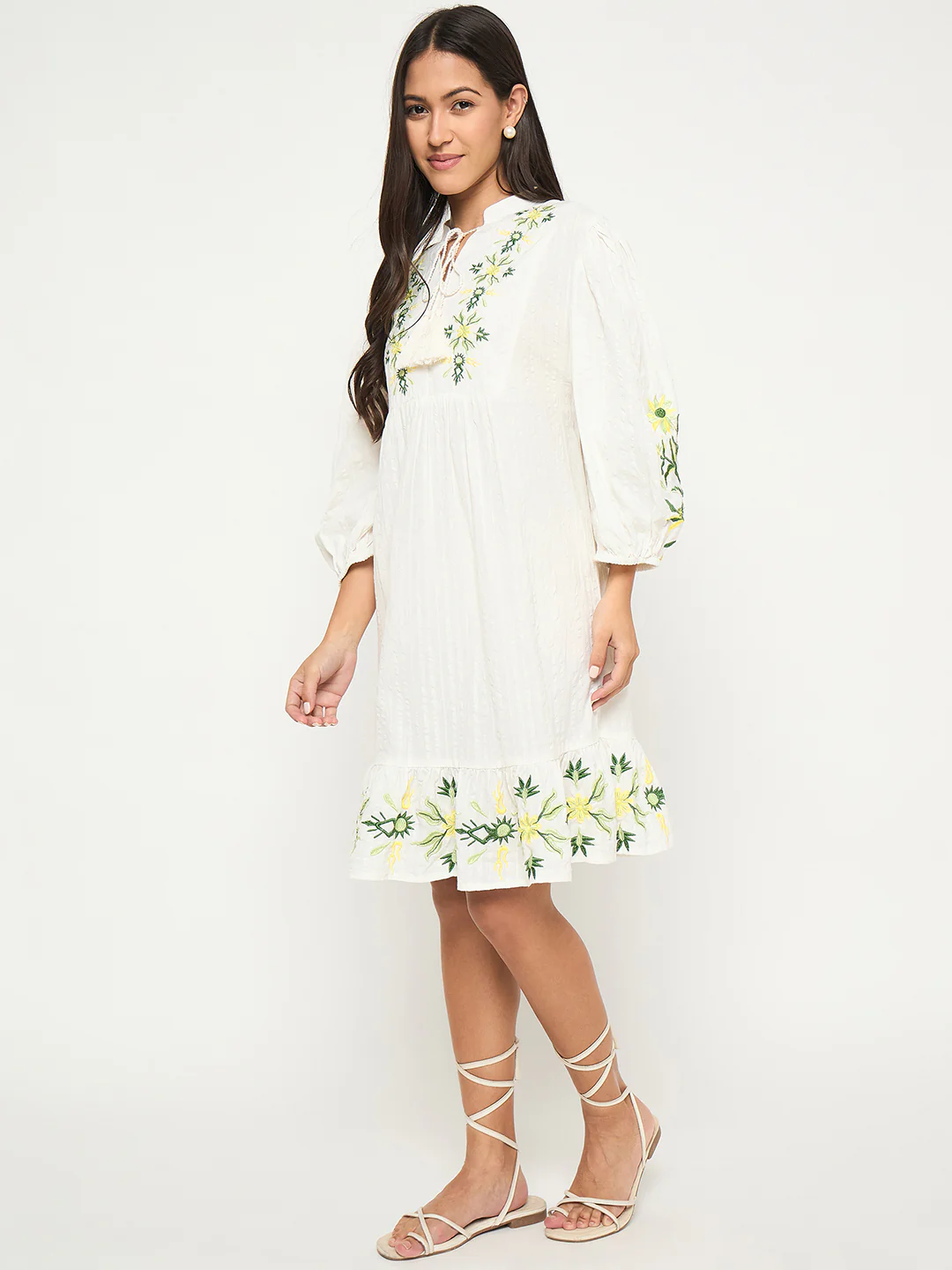 Madame Floral Embroidered Fit and Flare White Mini Dress - Image 5