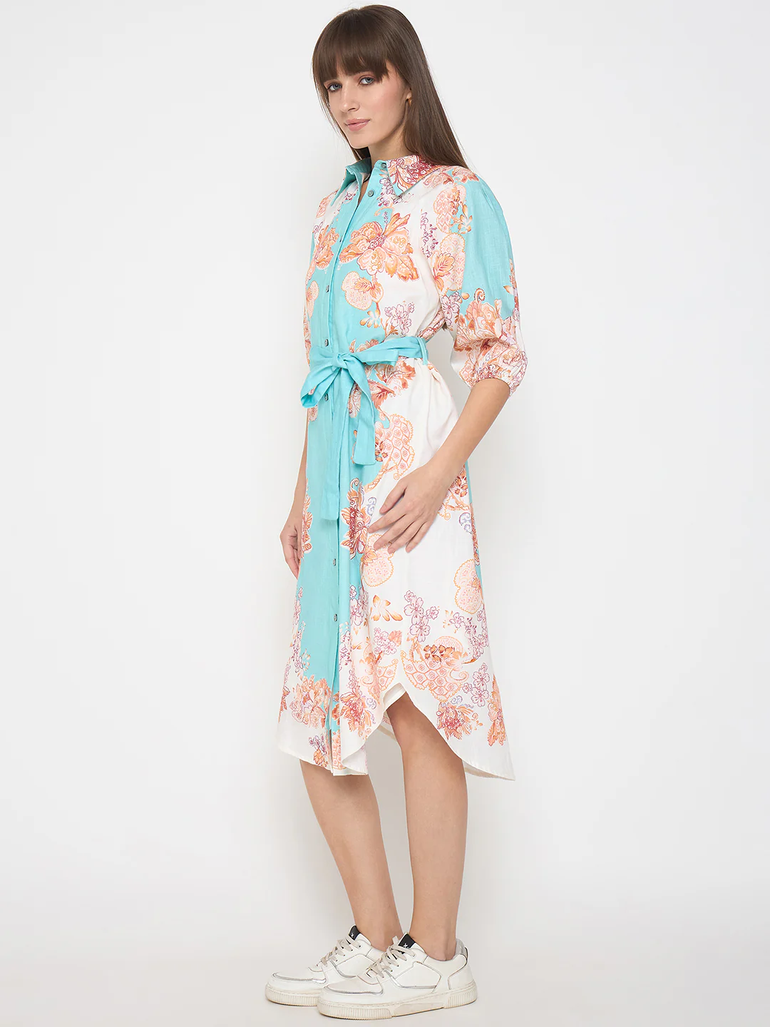 Madame Blue Colorblock Floral Cotton Midi Shirt Dress - Image 3