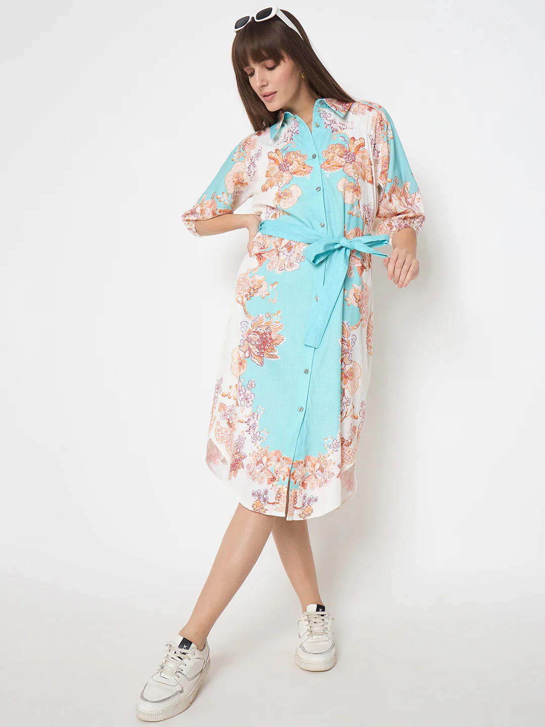 Madame Blue Colorblock Floral Cotton Midi Shirt Dress - Image 5