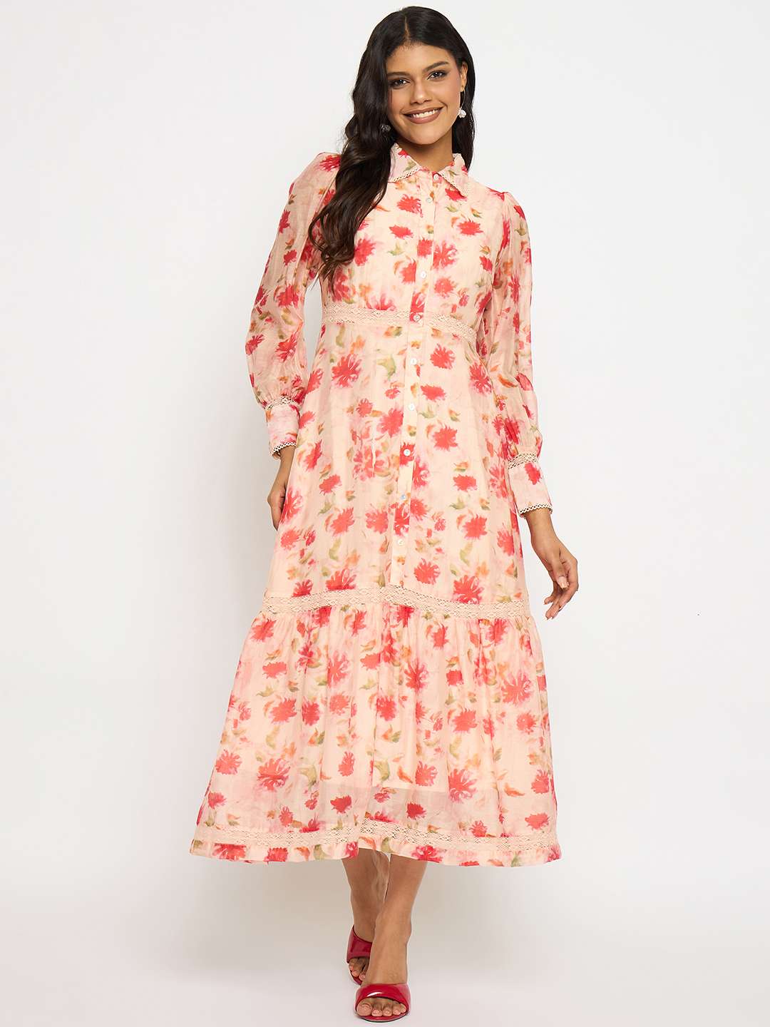 Madame Floral Print Tiered Peach Maxi Shirt Dress - Image 3