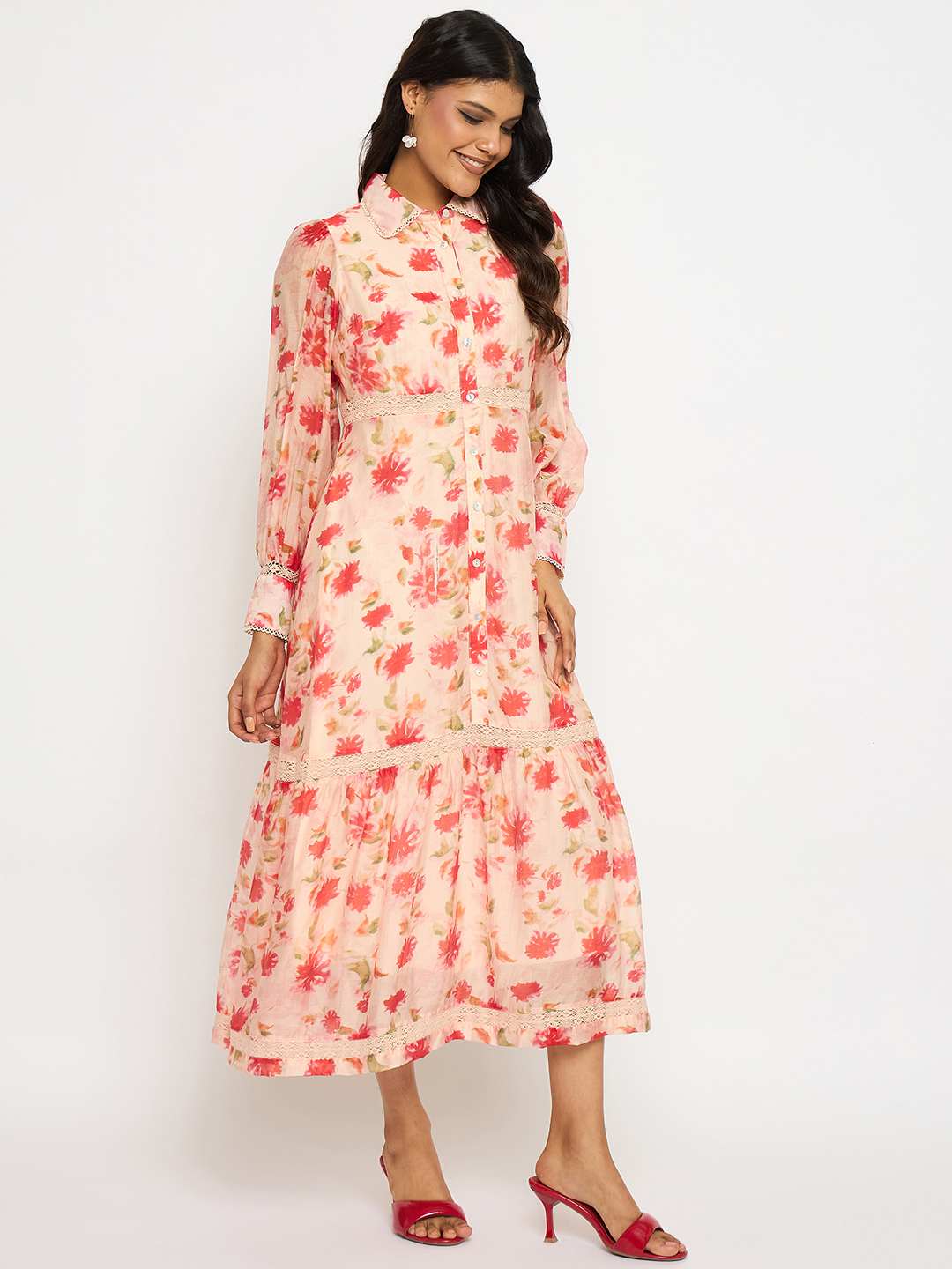 Madame Floral Print Tiered Peach Maxi Shirt Dress - Image 4