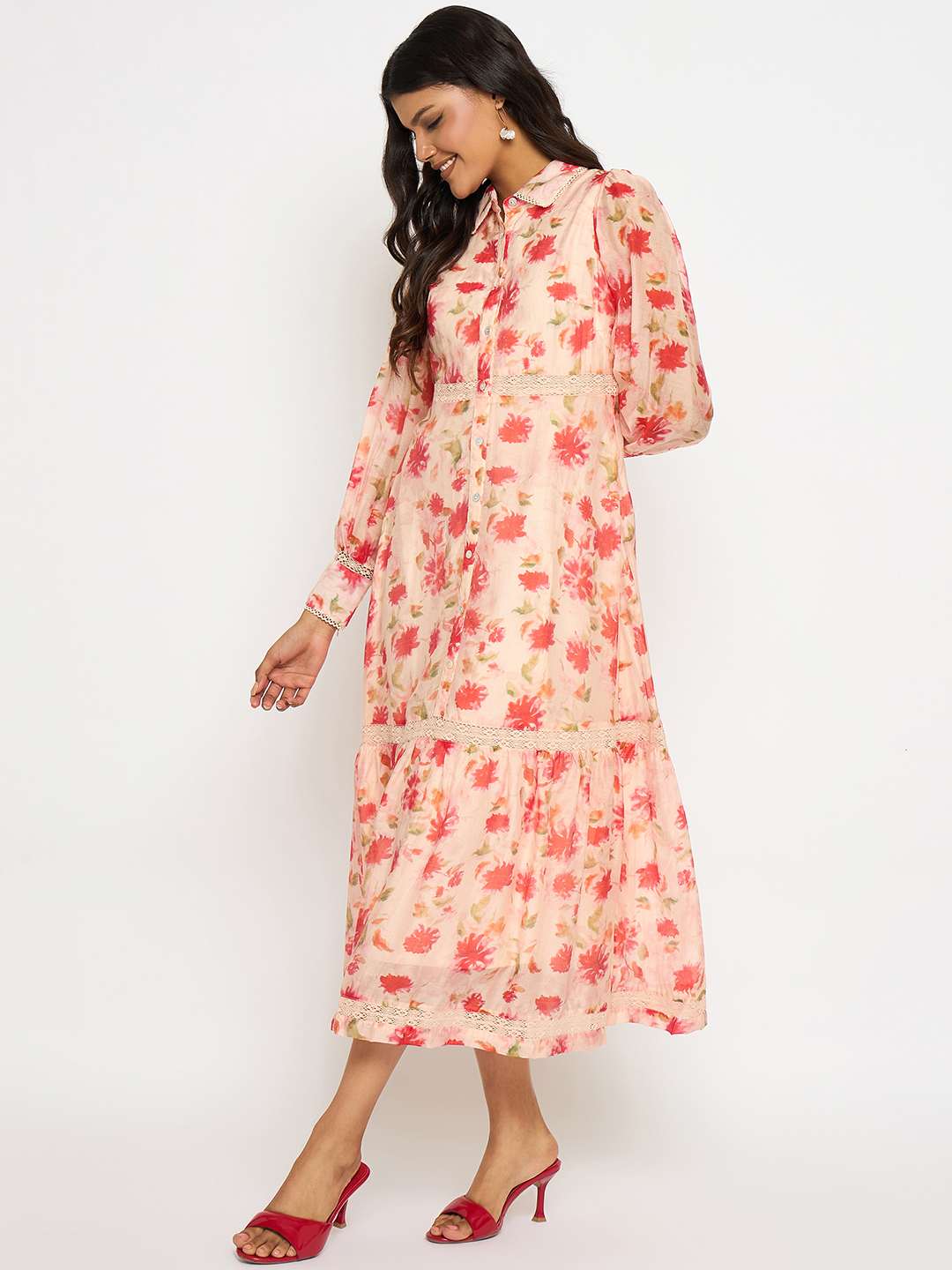 Madame Floral Print Tiered Peach Maxi Shirt Dress - Image 5