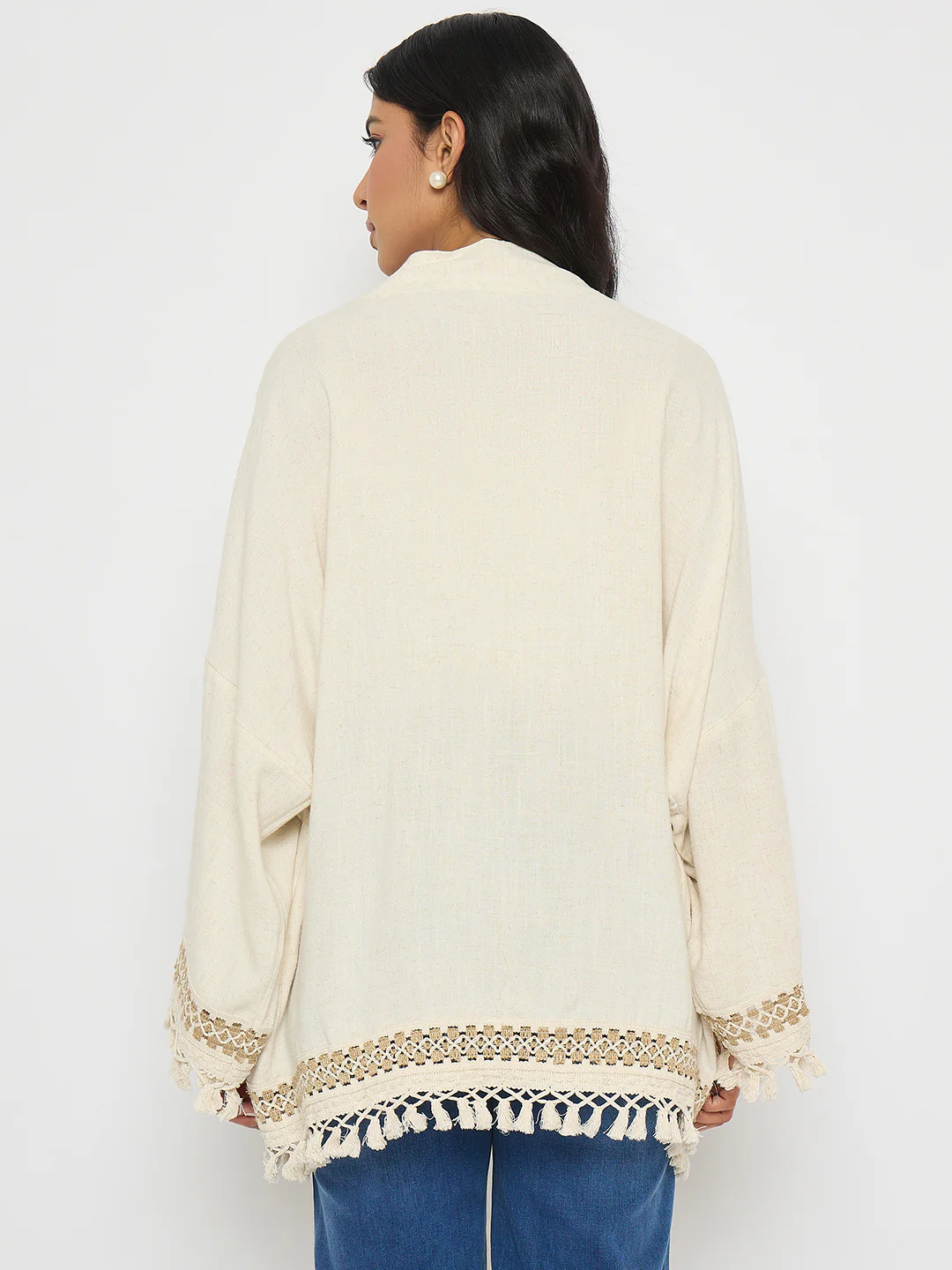 Madame Crochet Lace Trim and Tassel Detail Beige Shrug - Image 6