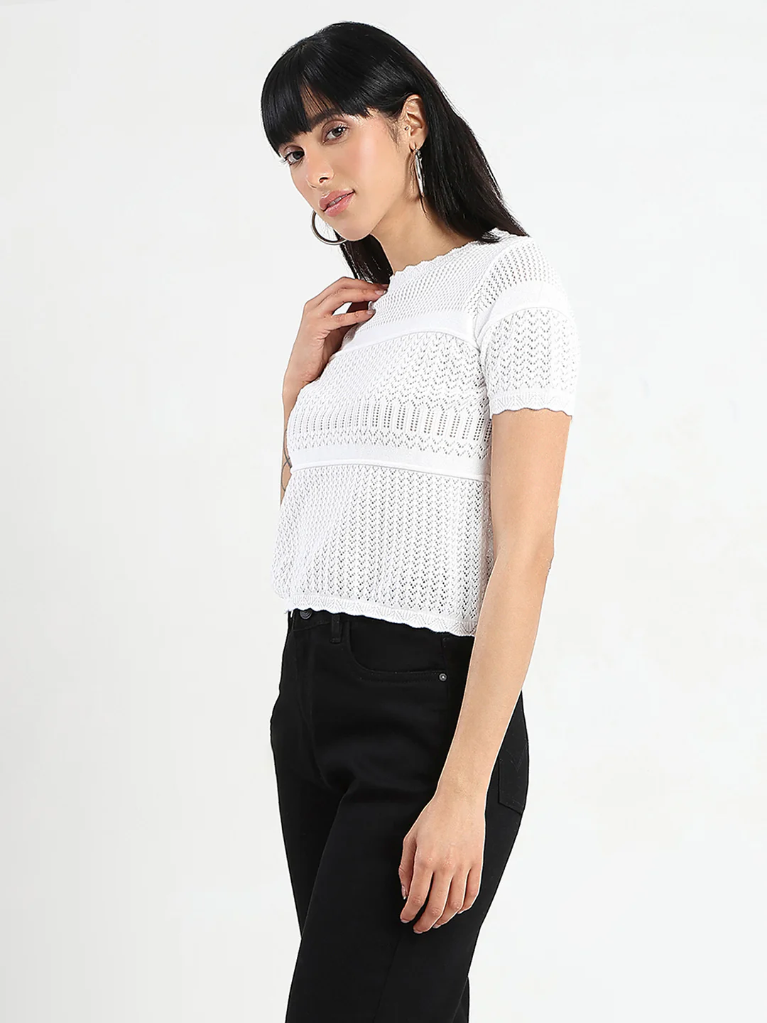 Madame Semi Sheer Knitted Cotton Blend White Top - Image 5