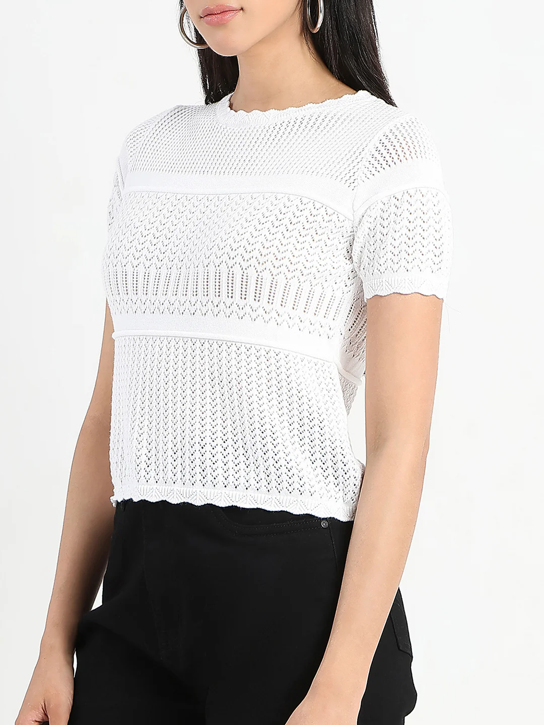 Madame Semi Sheer Knitted Cotton Blend White Top - Image 7