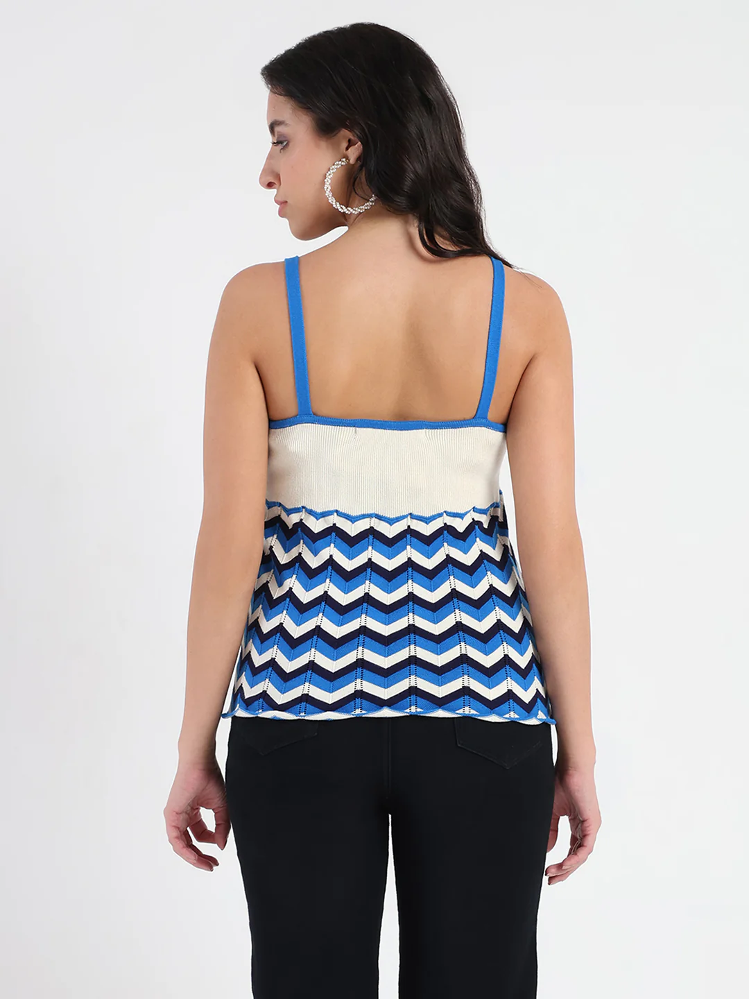 Madame Sleeveless Chevron Pattern Ribbed Trim Knit Top - Image 6