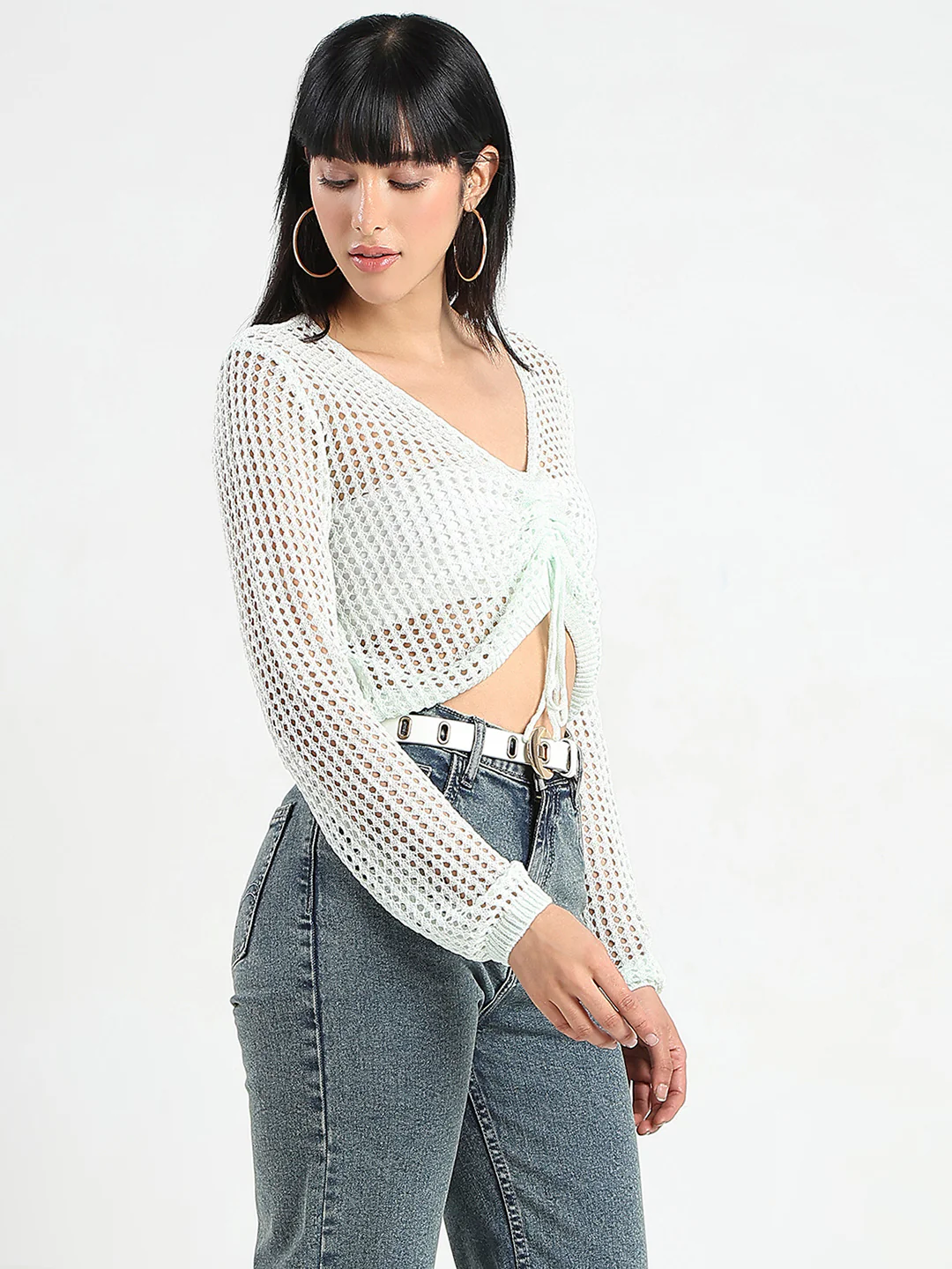Madame Semi Sheer Drawstring Mint Green Knitted Crop Top - Image 3