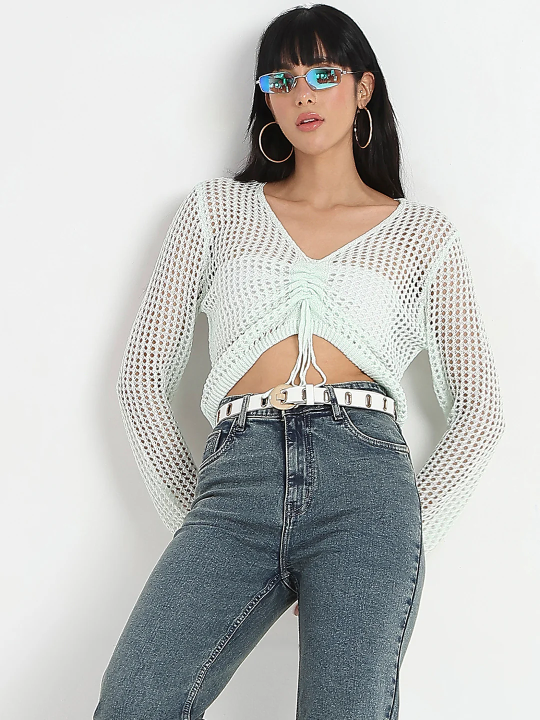 Madame Semi Sheer Drawstring Mint Green Knitted Crop Top - Image 6