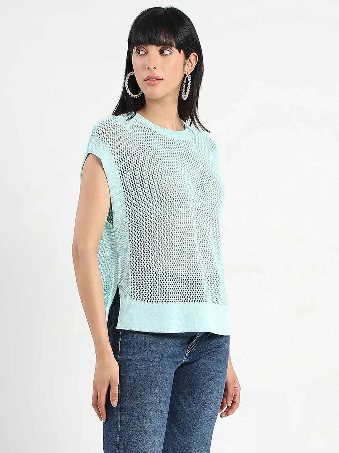 Madame Open Knit Side Slits Mint Green Top - Image 4