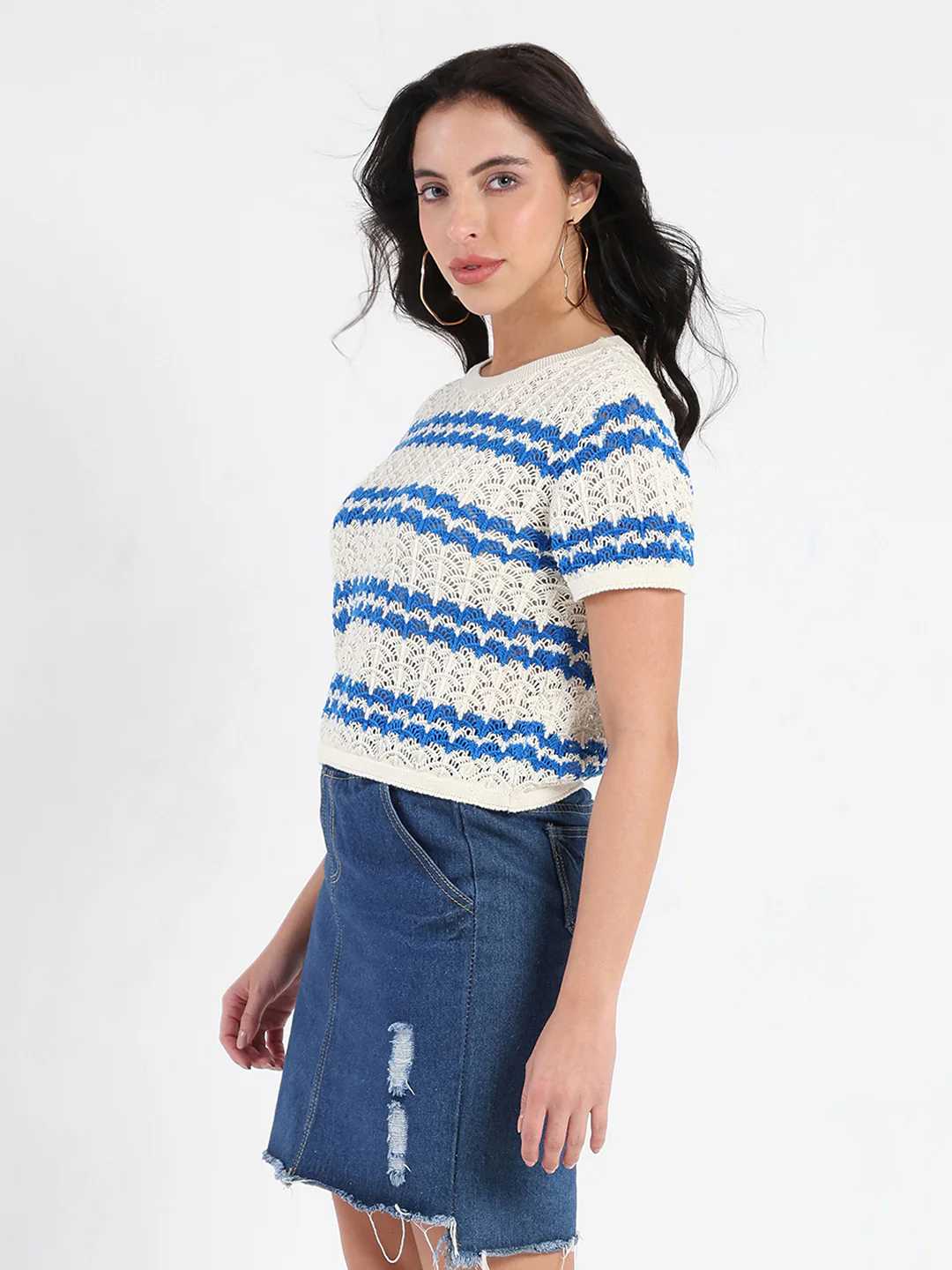 Madame Striped Crocheted Beige Cotton Crop Top - Image 5